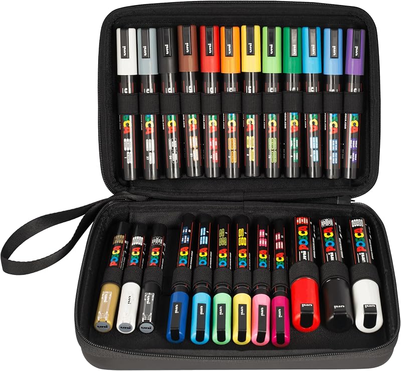 uni-ball Uni POSCA 186824 Marker Pens in Case, Suitable for Many Surfaces, Various Tips and Colours, Multi-Coloured