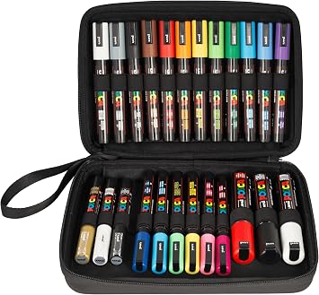 uni-ball Uni POSCA 186824 Marker Pens in Case, Suitable for Many Surfaces, Various Tips and Colours, Multi-Coloured