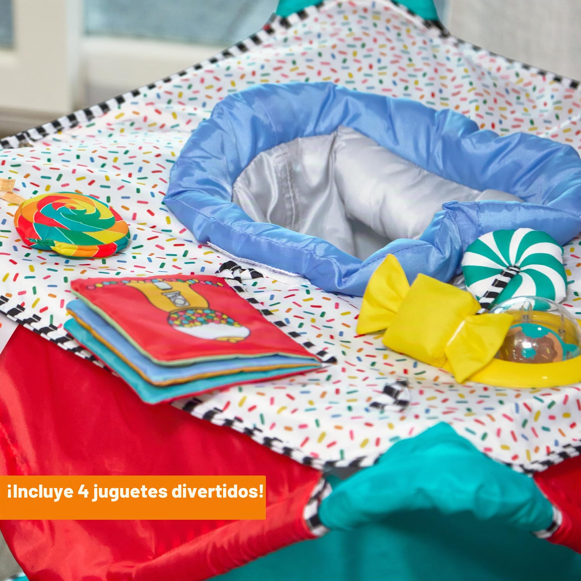 Bright Starts, Saltador Interactivo Portátil Pop 'N Jump, Dulces Golosinas, para Uso en Interiores y Exteriores, Incluye 4 Juguetes Sensoriales, para Bebés de 6 a 12 Meses