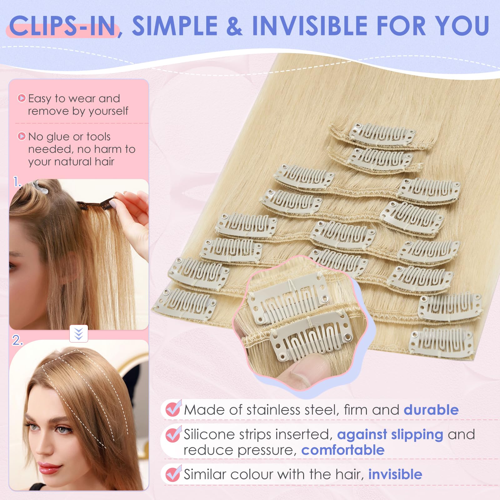 Elailite Clip in Hair Extensions Real Hair Blonde Natural Human Hair, 8 Pieces (Thin Weft) Straight, #613 Bleach Blonde - Image 3