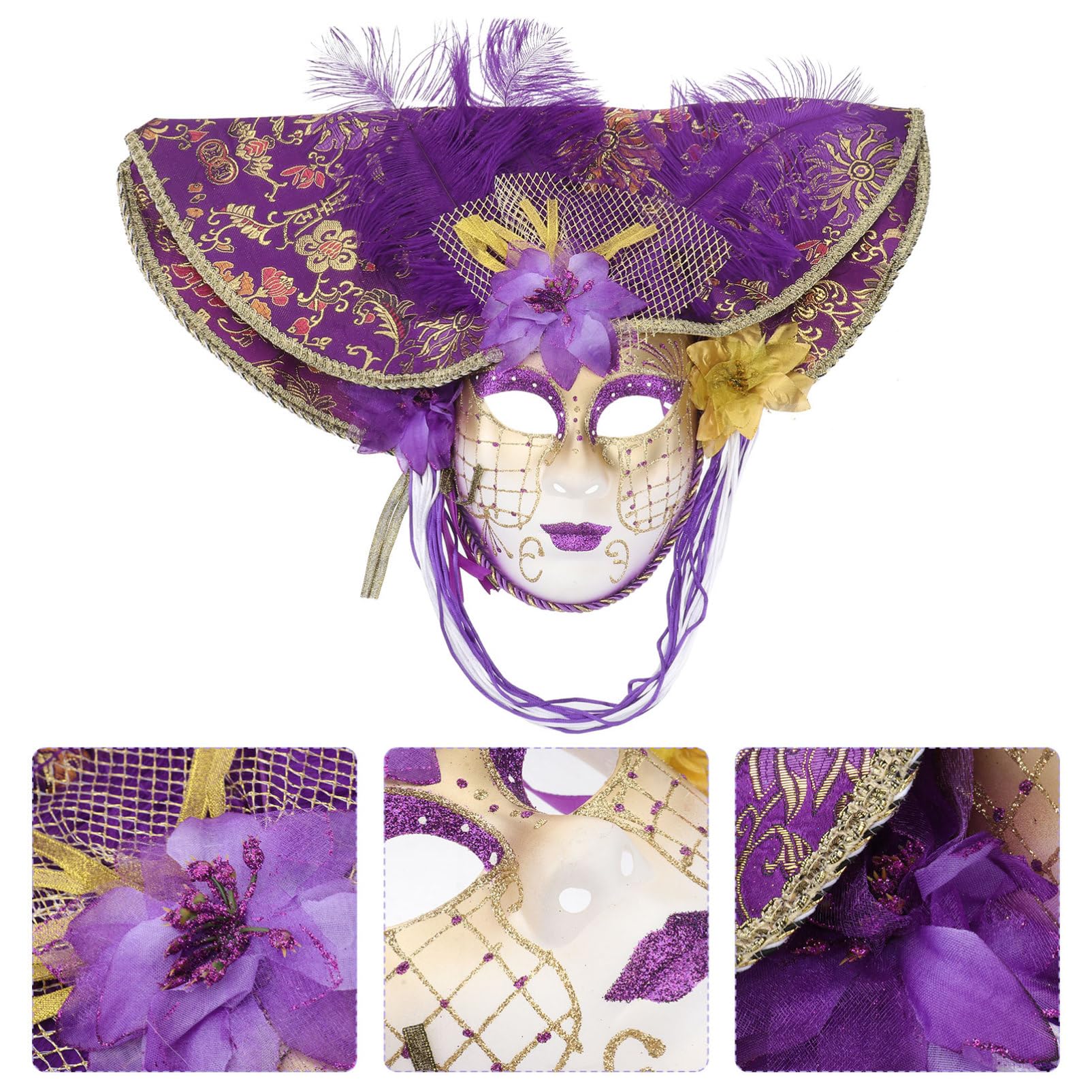 Masque Vénitien Visage Complet pour Femmes, Grand Chapeau Décoratif