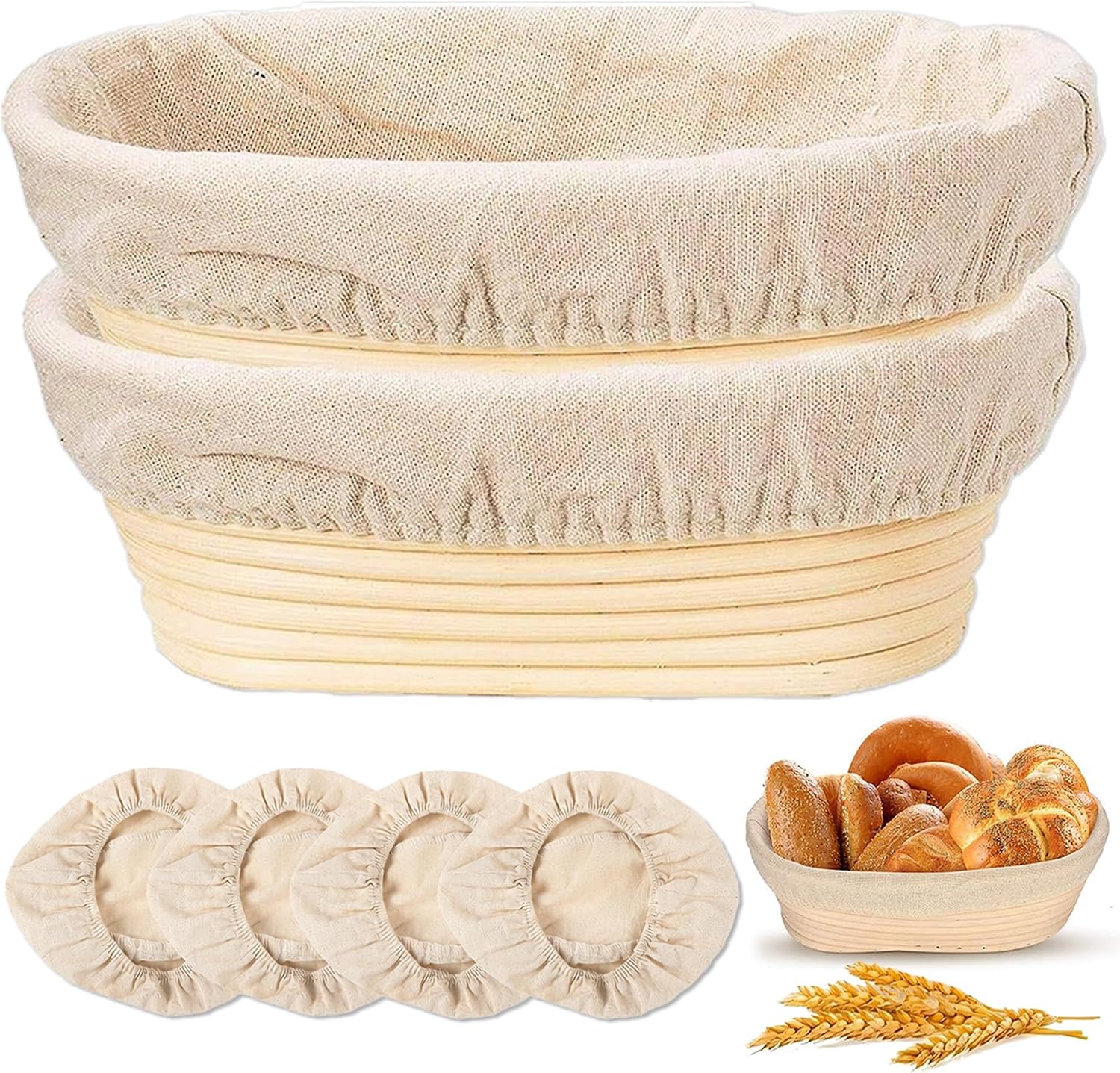 Banneton Bread Proofing Basket Set of 2, 10 Inch Oval, Natural Rattan with 4 Linen Liners, for Sourdough Bread Baking