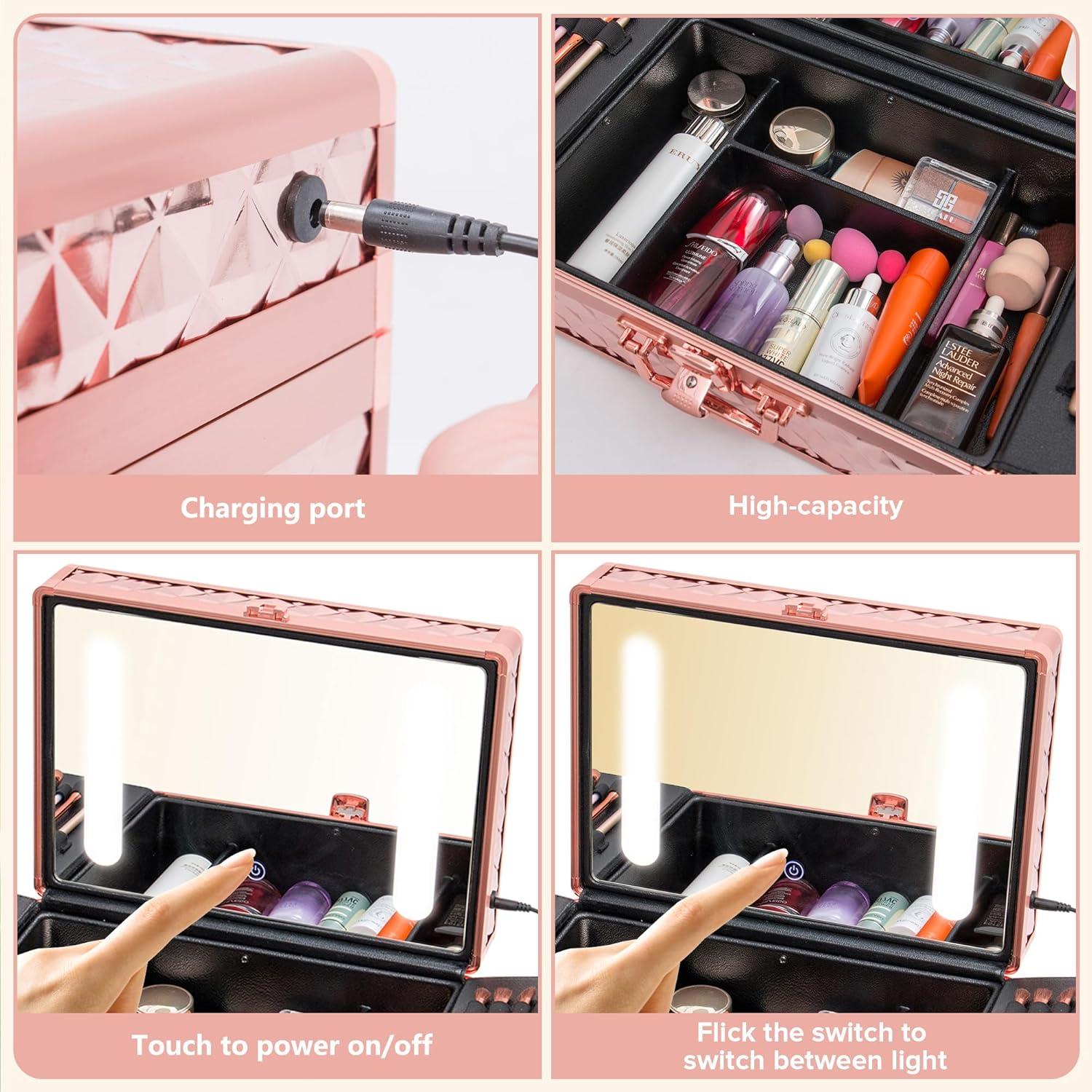 Portable Makeup Case,Cosmetic Box,Beauty Makeup Train Case,with LED Mirror,Travel Makeup Bag Cosmetic Organizer Box with Locks, Brush Holder, Dividers, Rechargeable,Aluminium Alloy, (Rose Gold)