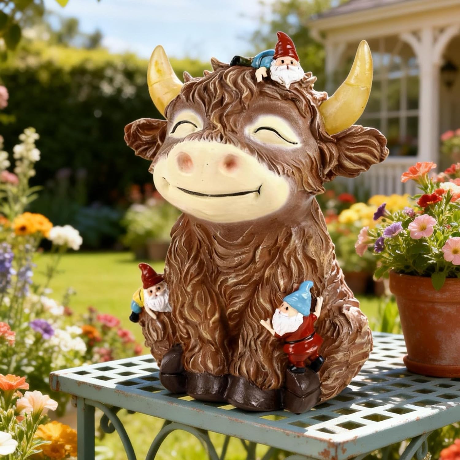 Solar Highland Cow Garden Statue with Funny Gnomes Outdoor Decor,Cow Figurine with LED Lights Yard Art Decoration for Garden,Patio,Lawn-Unique Gift for Mom,Grandma - Image 9