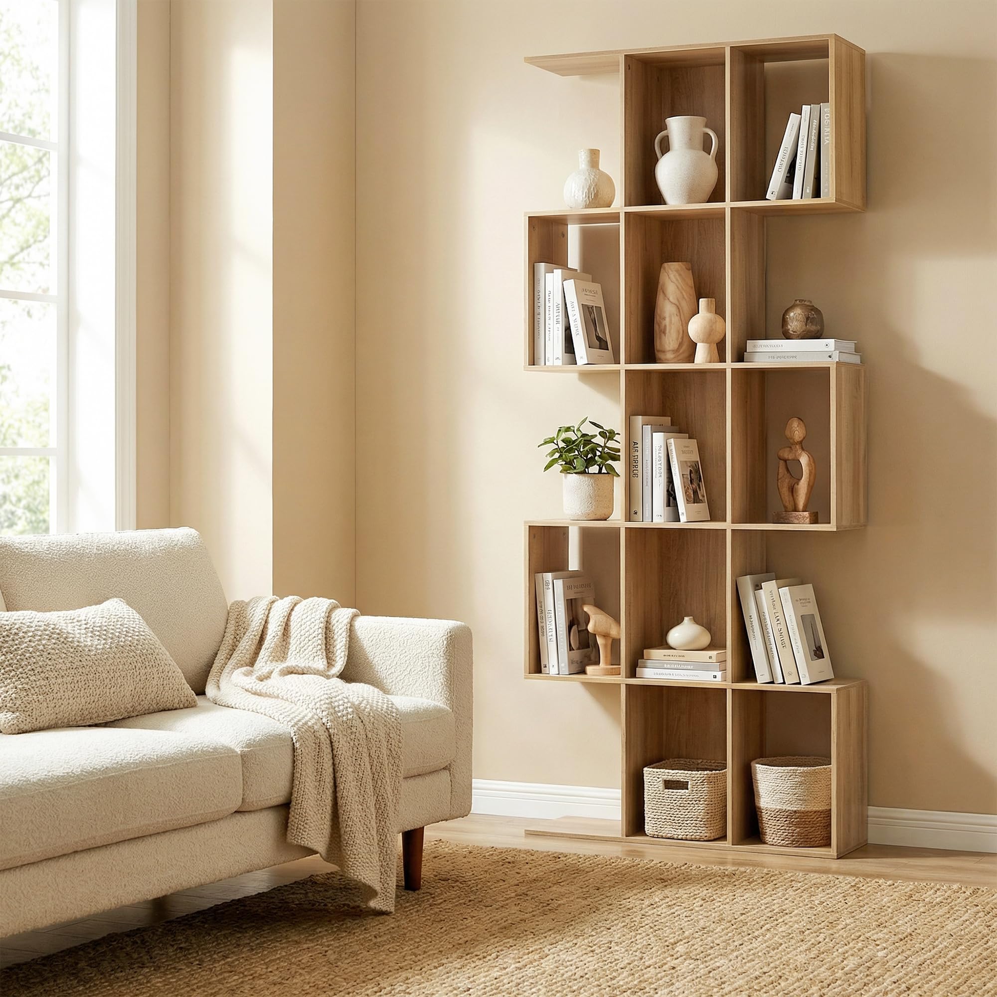 HOMCOM Libreria Scaffale a 5 Ripiani in Legno a Forma di S, Libreria Verticale Salvaspazio con 15 Compartimenti, Scaffale Portaoggetti per Soggiorno, Camera da Letto e Ufficio, Rovere
