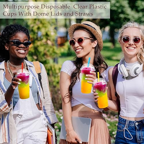 Miniatura 5 de Lallisa 100 juegos de vasos de plástico transparente con tapas de cúpula y pajitas coloridas, vasos desechables de PET para batidos y slushies para
