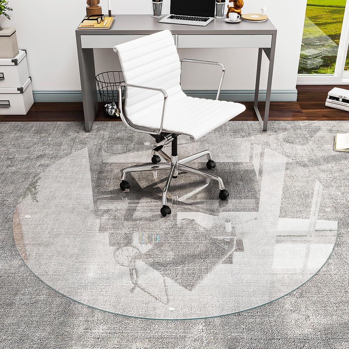 [Tempered Glass] 46" x 46" Round Glass Chair Mat, Heavy Duty Hard Tempered Glass Mat with Polished Edge, Transparent Glass Office Chair Mat for Office and Home Hard Floor or Carpeted