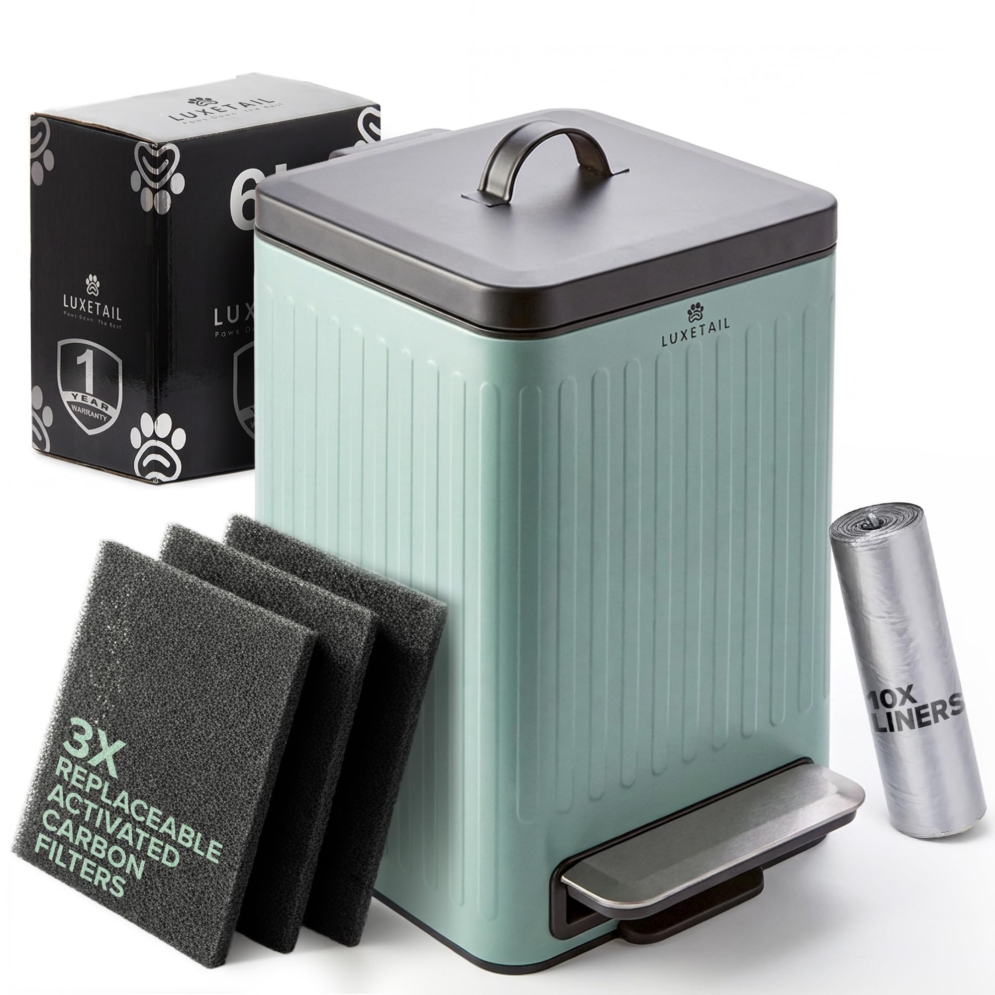 Photo 1 of LUXETAIL Small Dog Poop Trash Can Outside – 6L/1.6 Gallon Dog Small Trash Can with Lid, Odor-Locking Carbon Filter System, Hands-Free Stainless Steel Pedal, Easy-Clean Removable Bucket, Sage Green