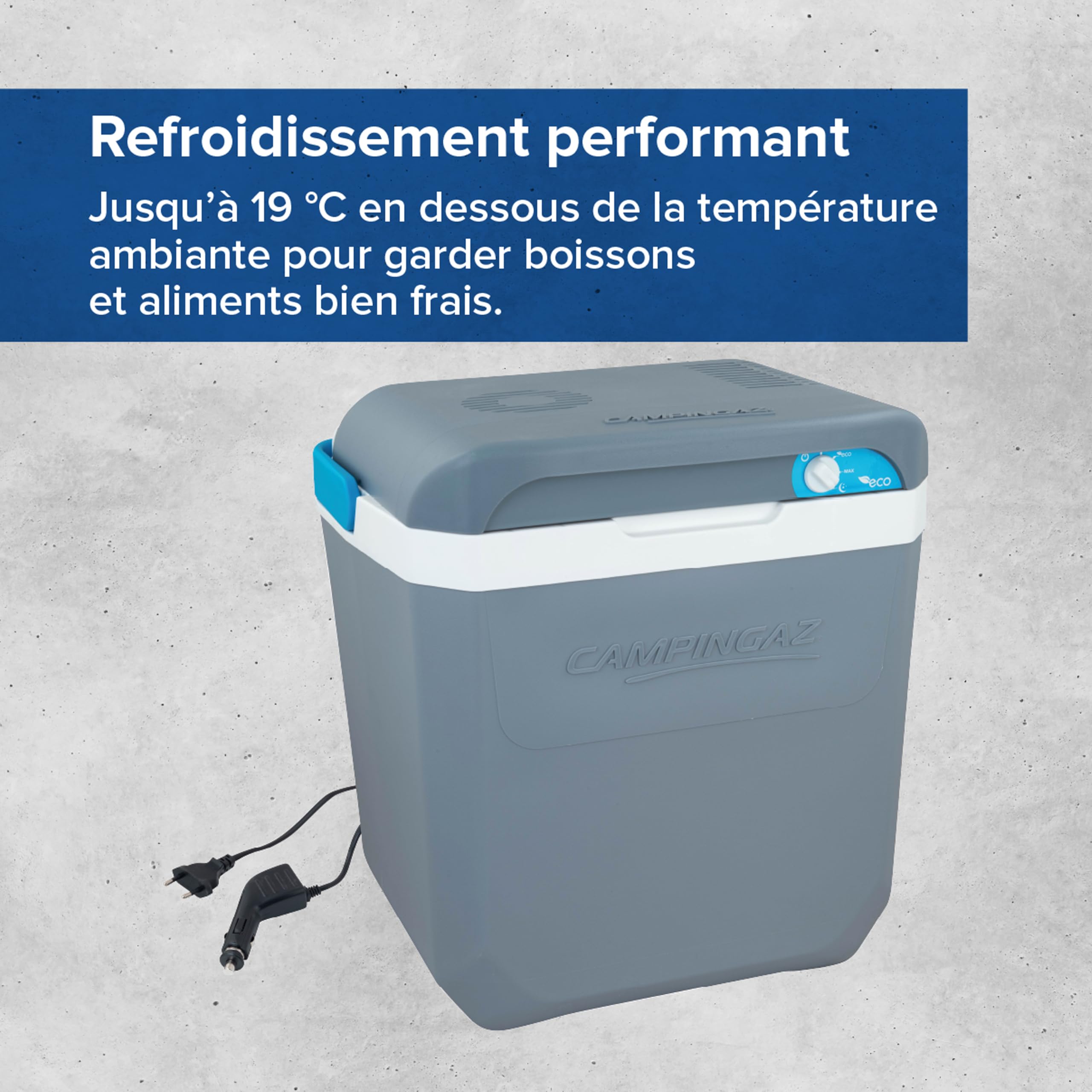 CAMPINGAZ Powerbox Plus 28 l, glacière thermoélectrique 12 V et 230 V, pour 8 Bouteilles de 1,5 l pour Voiture et Camping, avec Protection UV, capacité de 28 litres Bleu