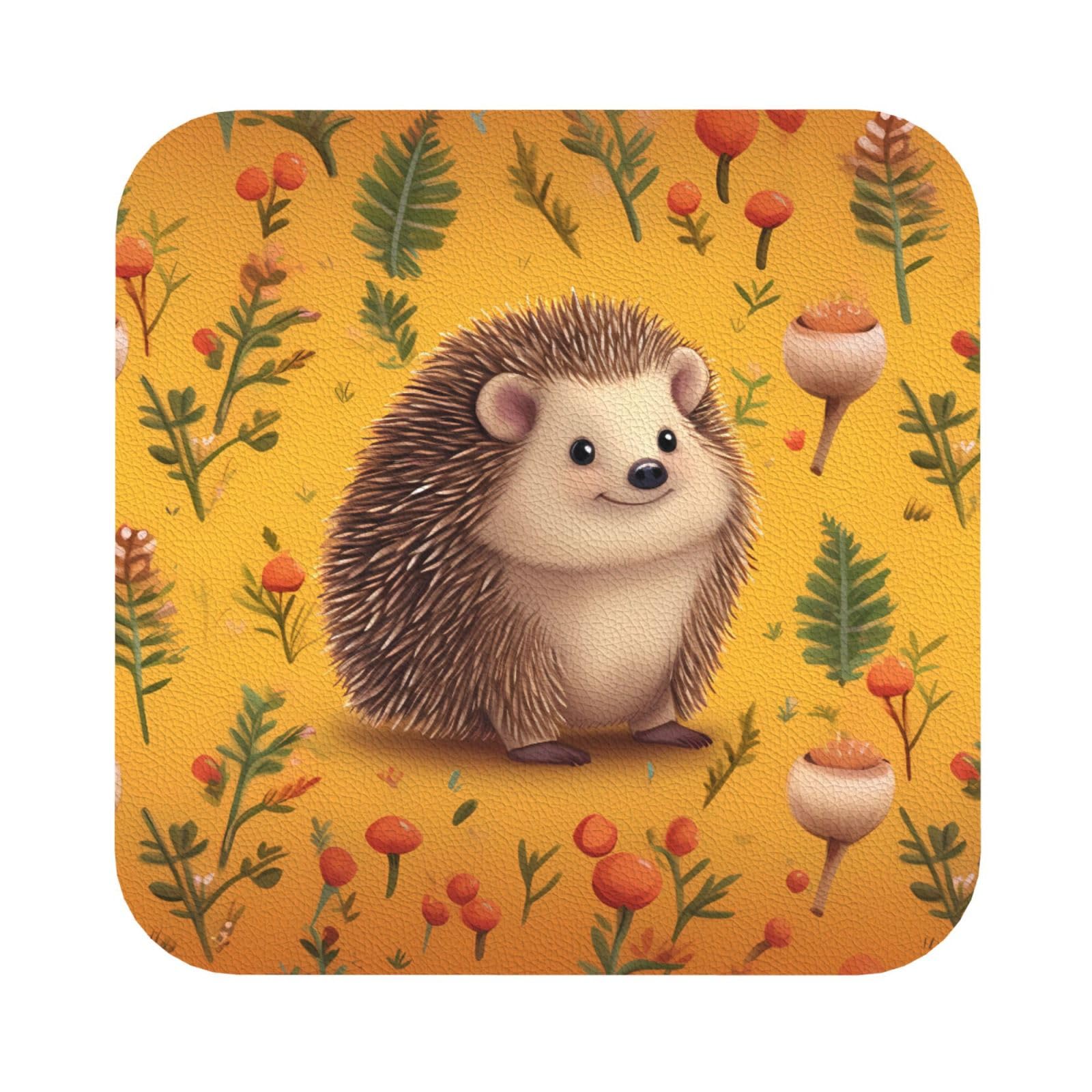 Fodpand Square Hedgehog Drink Coasters Set Of 4, Heat Resistant Leather Coasters Fuuny Bar Beer Beverage Coaster For Drinks, Absorbent Cup Mat For Tabletop Protection, Housewarming Gift