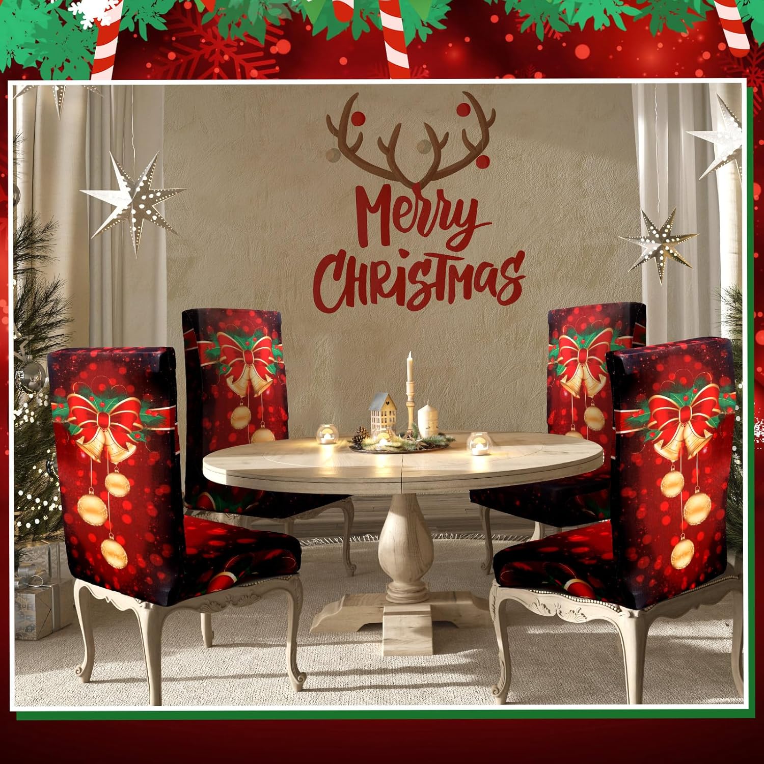 Moukeren 8 Pcs Red Christmas Chair Covers Set Stretch Removable Washable Christmas Dining Chair Seat Covers for Home Hotel Dining Room Kitchen Banquet Wedding Xmas Party Decor