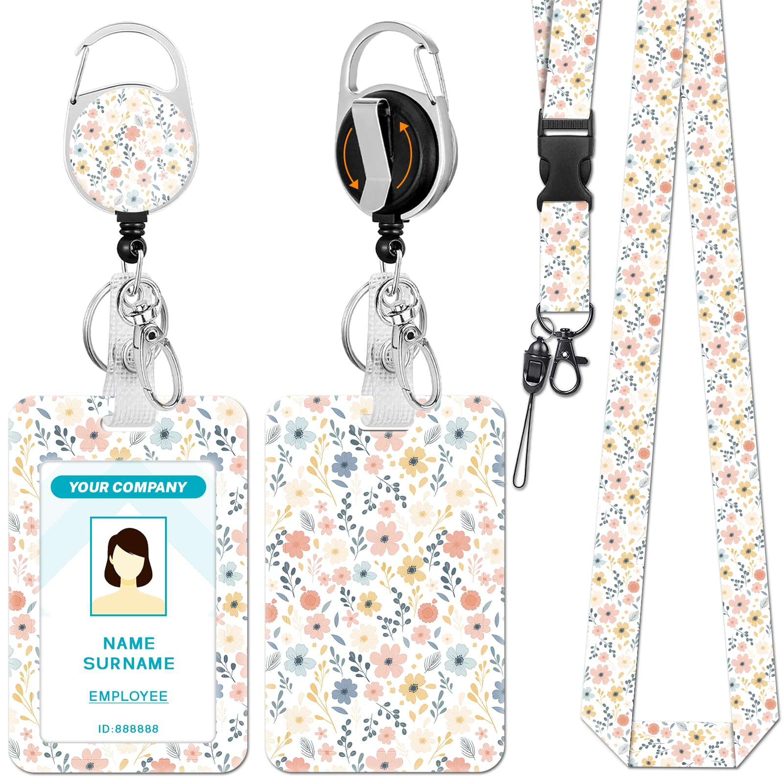 Hancynir Floral Lanyards for Id Badges, Badge Holder Retractable Reel Clip