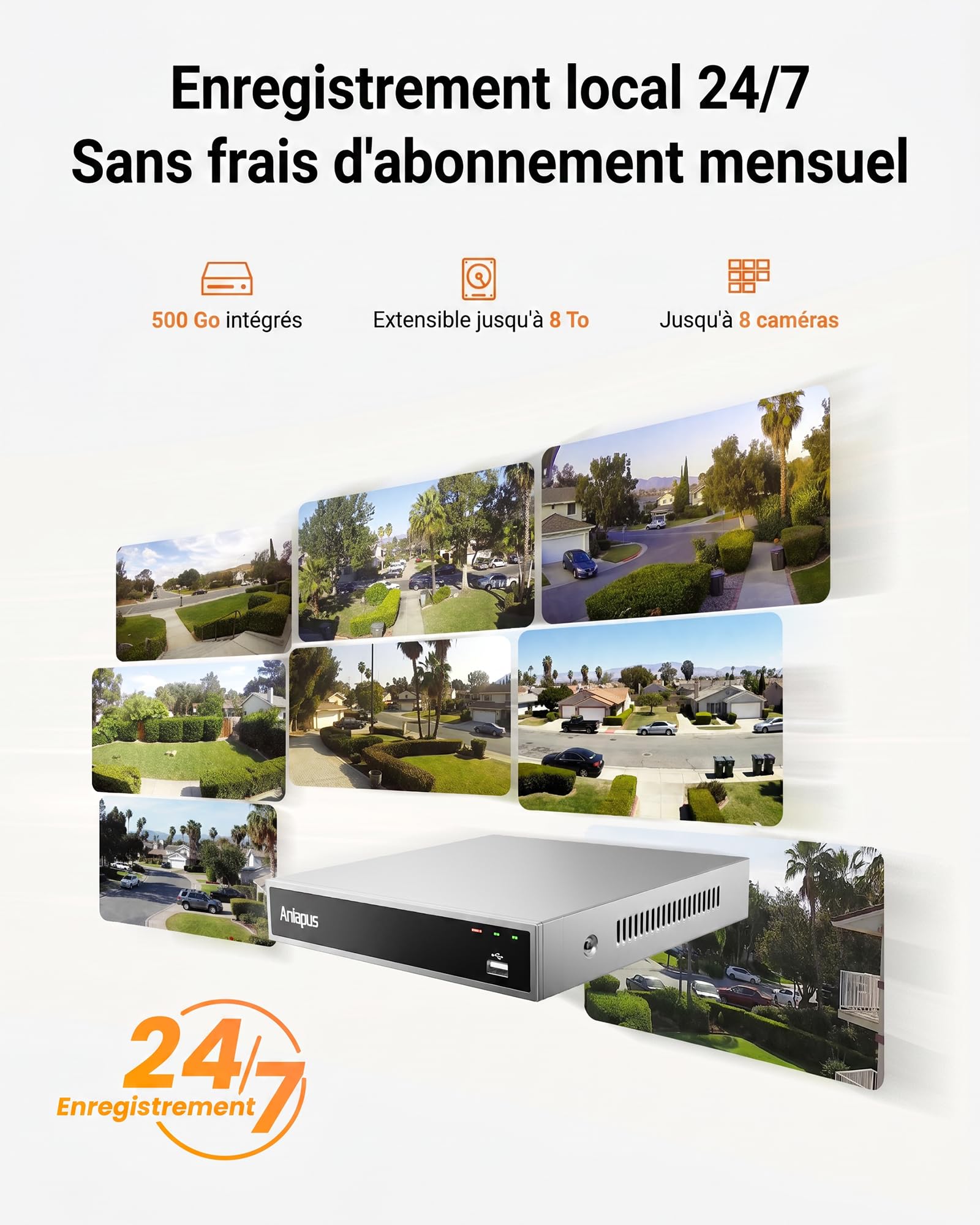 Anlapus Kit de caméras de surveillance PoE 3 MP d'extérieur avec disque dur de 500 Go, système vidéo NVR 8 CH 5 MP, 4 caméras d'extérieur 1296P, détection de personnes et de véhicules, vision nocturne | Détection IA des Personne, Vision Nocturne et Alarme