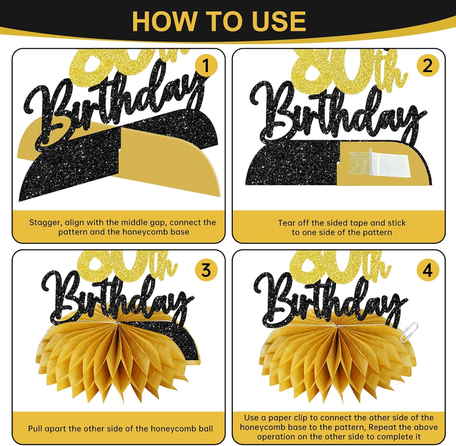 Zirtorei 80th Birthday Decorations Awesome Since 1946 Banner for Men Women, 4Pcs Black Gold 80 Birthday Hanging Sign Party Supplies, Eighty Year Old Bday Table Honeycomb Centerpieces - Image 6
