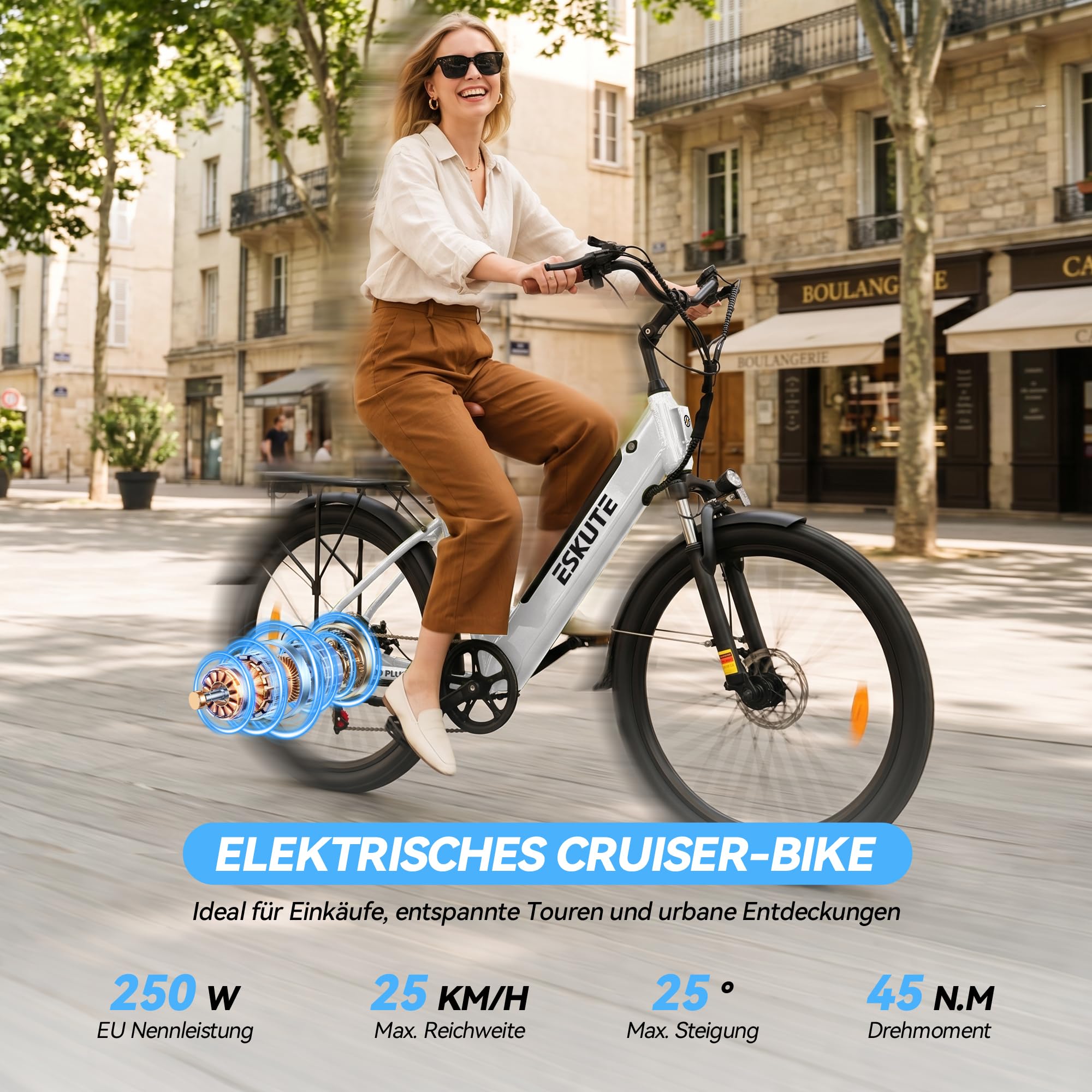 ESKUTE C100 Plus - Bicicleta eléctrica de 26 pulgadas, motor eléctrico de ciudad de 250 W, batería de repuesto de 36 V y 13 Ah, pantalla LCD, para hombre y mujer