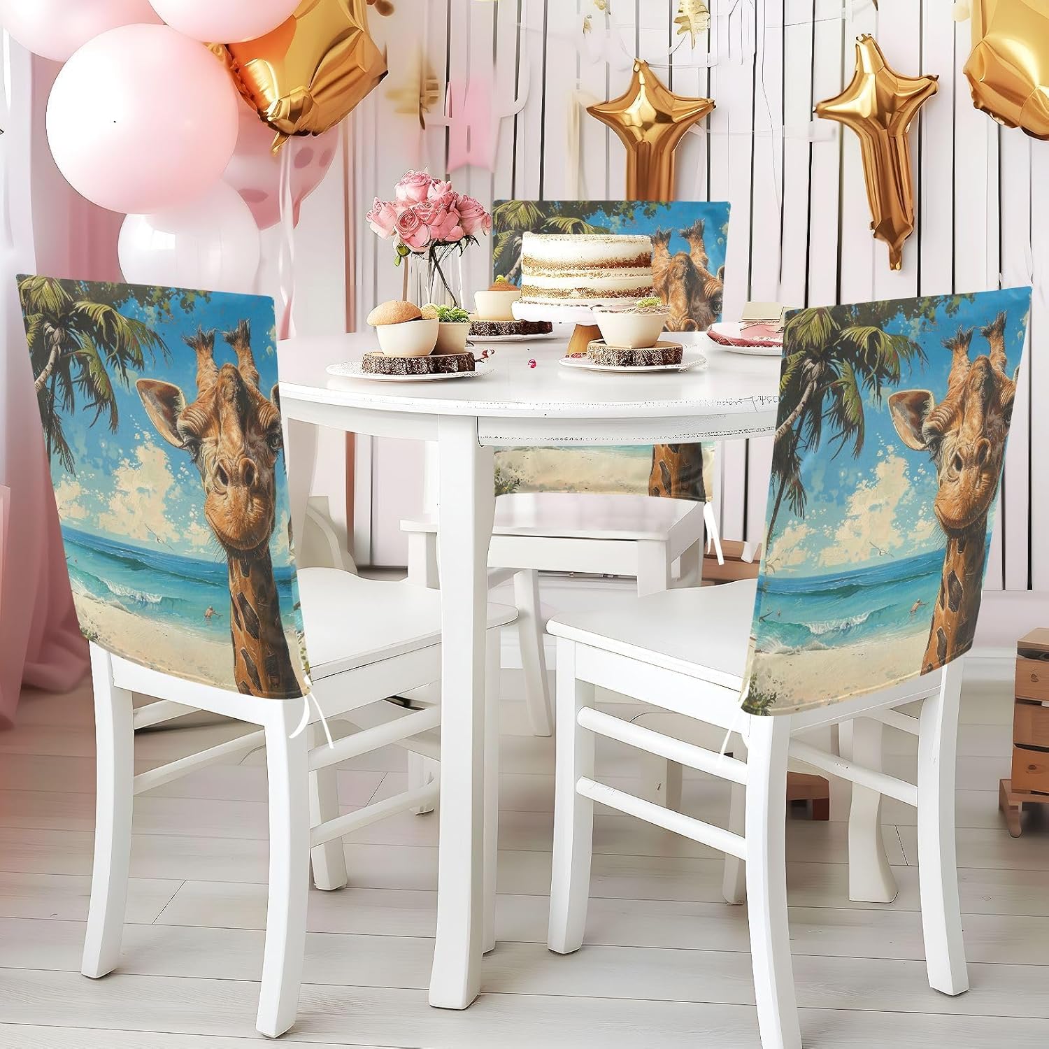 ALAZA Giraffe on The Summer Beach Chair Back Cover Set of 6, Washable Reusable Removable Chair Slipcovers Decorative Chair Cover for Home Kitchen Wedding Party