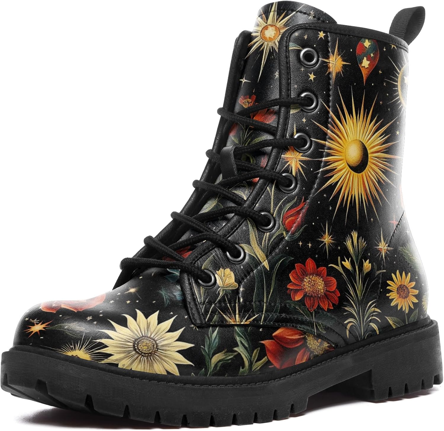 Womens Mushroom Floral Combat Boots - Witchcore Forest Goth Boots Chuncky Heel Vegan Leather Fashion Lace-Up Black Ankle Booties