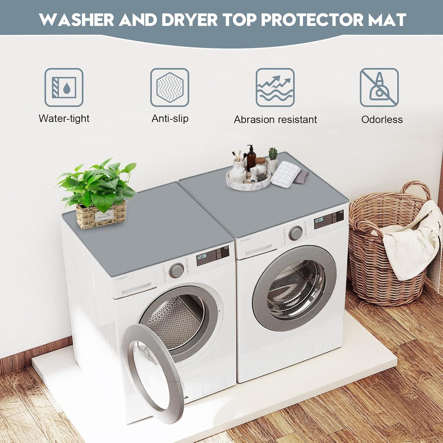 2 PCS Washer and Dryer Top Protector Mat, 27''x 27'' Silicone Washer and Dryer Covers for Top,Non Slip Heavy Duty Washing Machine Cover Protector Top Load for Laundry and Kitchen, Grey