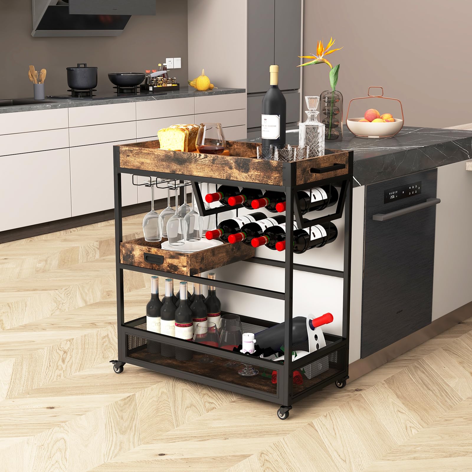 KOMFOTTEU Carrello da cucina industriale a 3 livelli, carrello di servizio con portabottiglie, portabicchieri e vassoio estraibile, carrello ausiliario in legno con ruote, per sala da pranzo, bar, 88