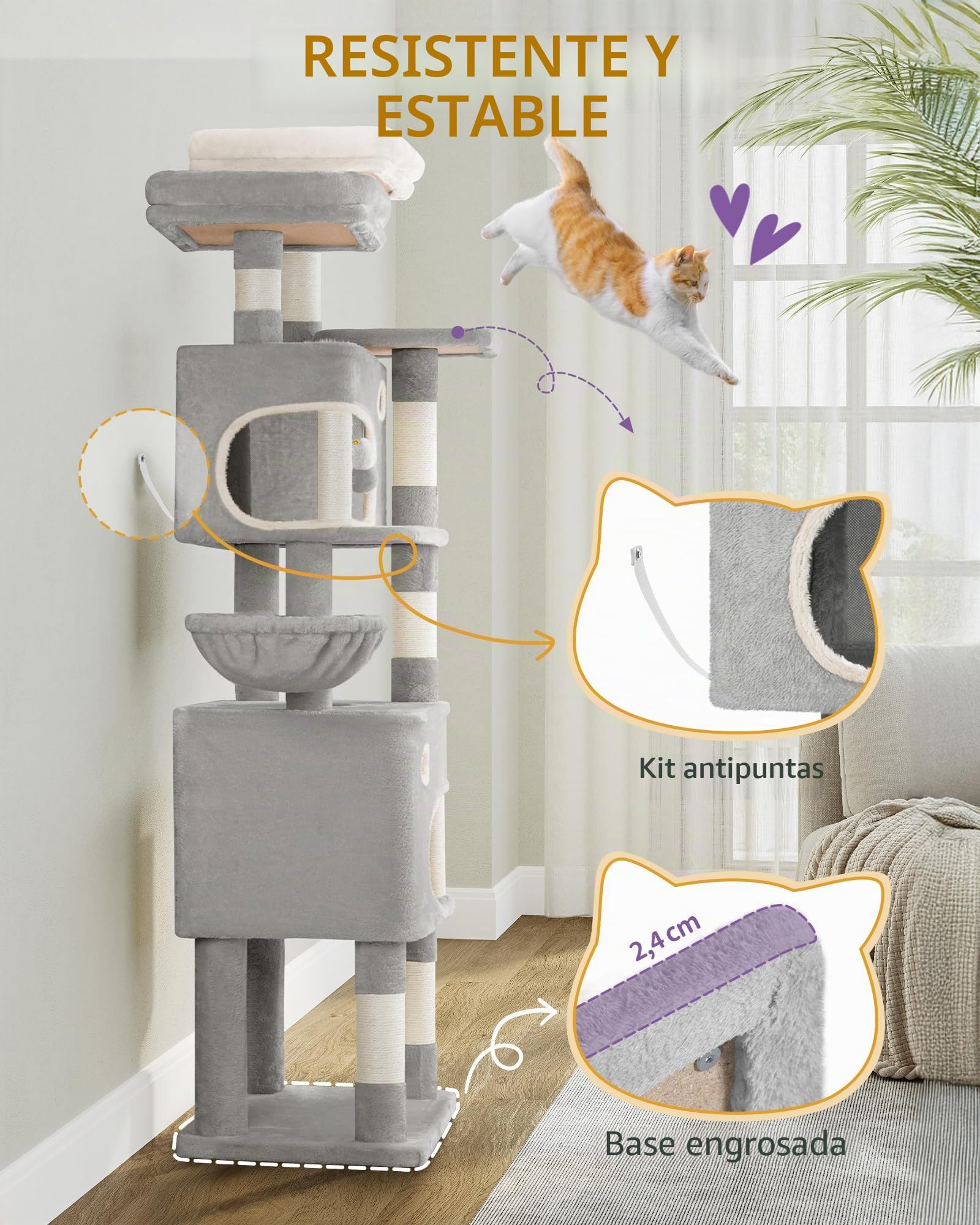 Hzuaneri Árbol para Gatos de 180 cm con 8 Postes Rascadores, 3 Plataformas, 2 Cuevas, Cesta, Bolas de Peluche y Cuerda de Sisal, Apto para Gatos de Todos Los Tamaños, Gris Claro MS18018LG
