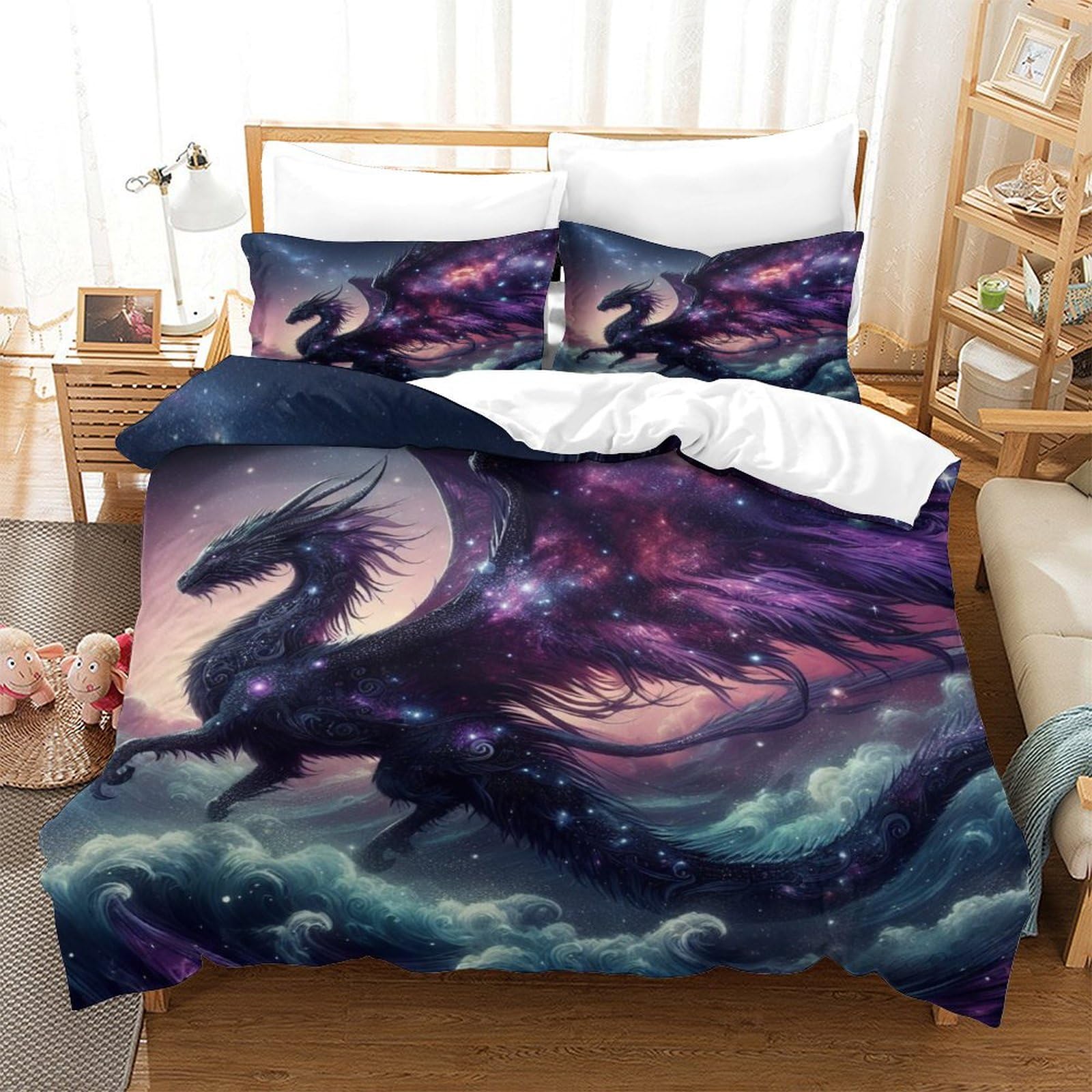 Qpirinmex Flying Dragon-2 Flying Dragon Duvet Cover 3D Cool Animals Quilt Cover Bedding Comforter Cover With Zipper Closure Soft Fiber Apply To Kids Youth Room Decor 3 Piece Set Soft And Comfortable Single（140X200cm）