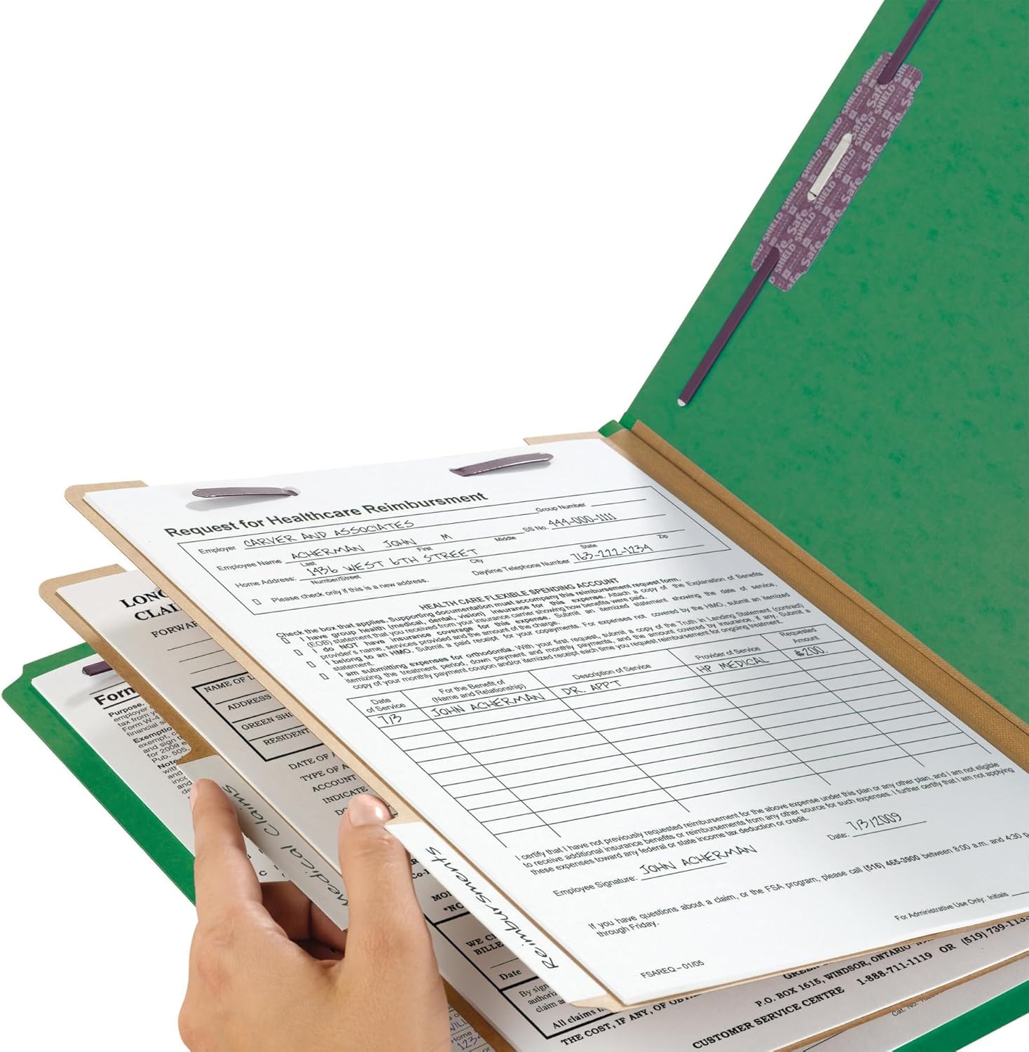 Smead PressGuard Classification File Folder with SafeSHIELD Fasteners, 2 Dividers, 2" Expansion, Letter Size, Green, 10 per Box (14201)