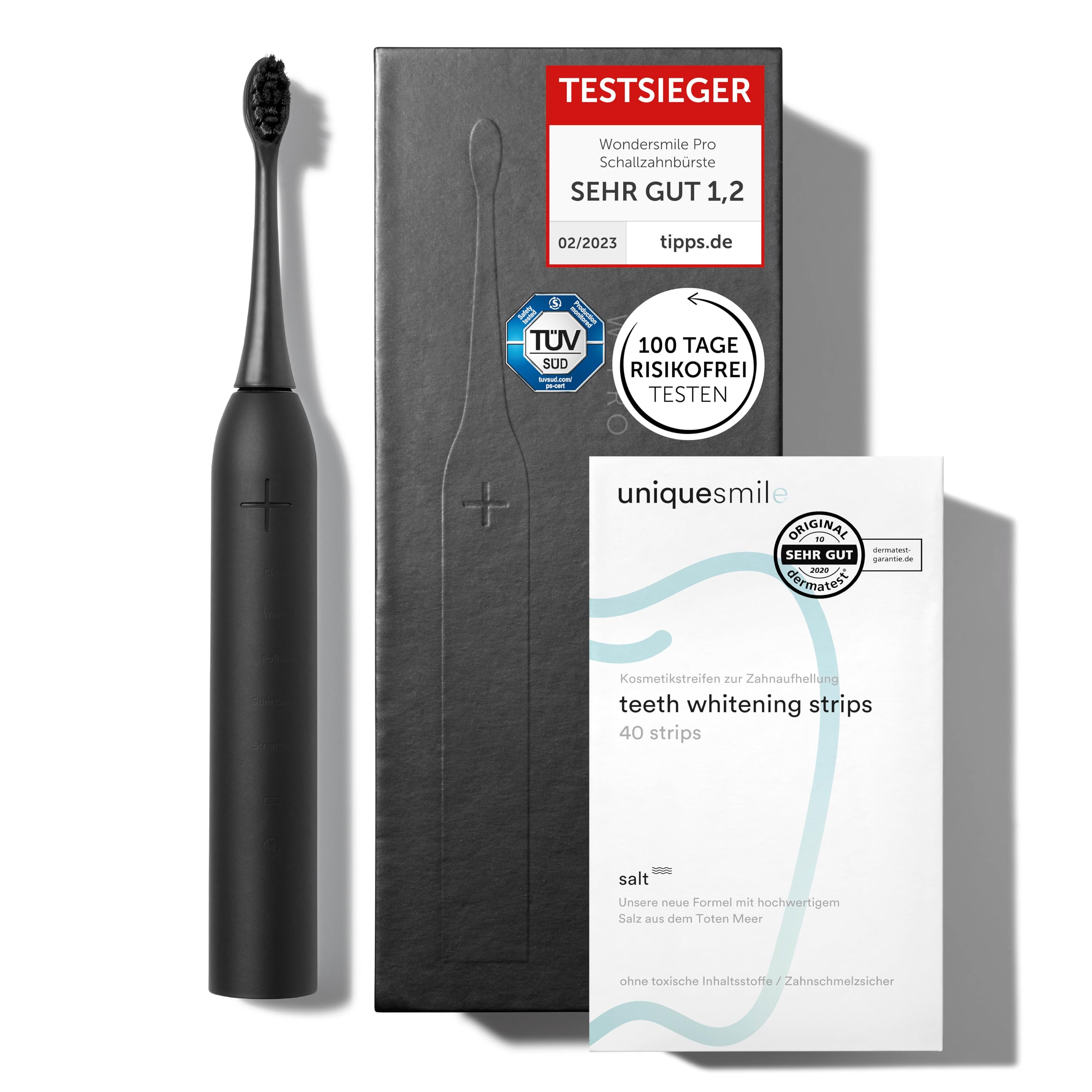 Uniquesmile Zahnaufhellung Whitening Strips Bundle mit Schallzahnbürste - Testsieger 2024-100 Tage risikofrei testen (40 Stück/Ultimate Black)