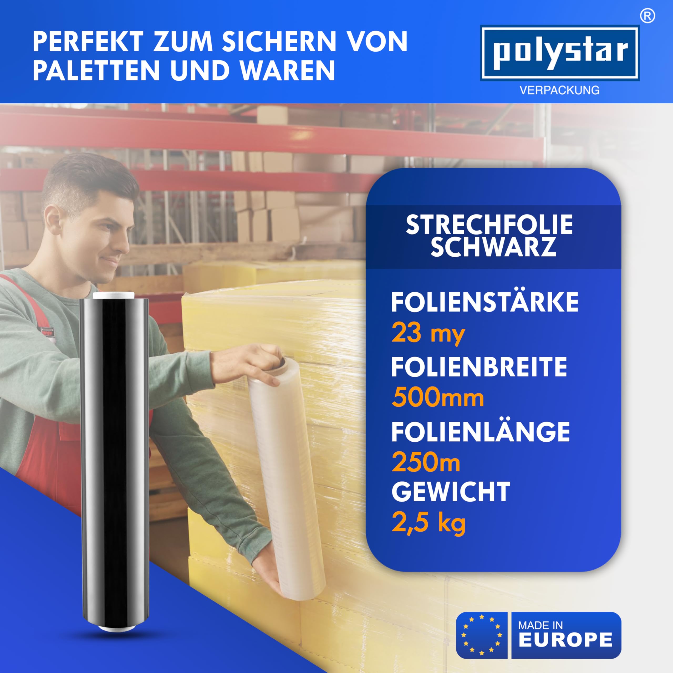 polystar Stretchfolie schwarz Stretchfolienrolle, 500 mm breit, 23 my, 250 Meter | Wickelfolie für Umzug | Palettenfolie für Transport (18x Hand-Stretchfolie schwarz, 500 mm breit, 23 my)