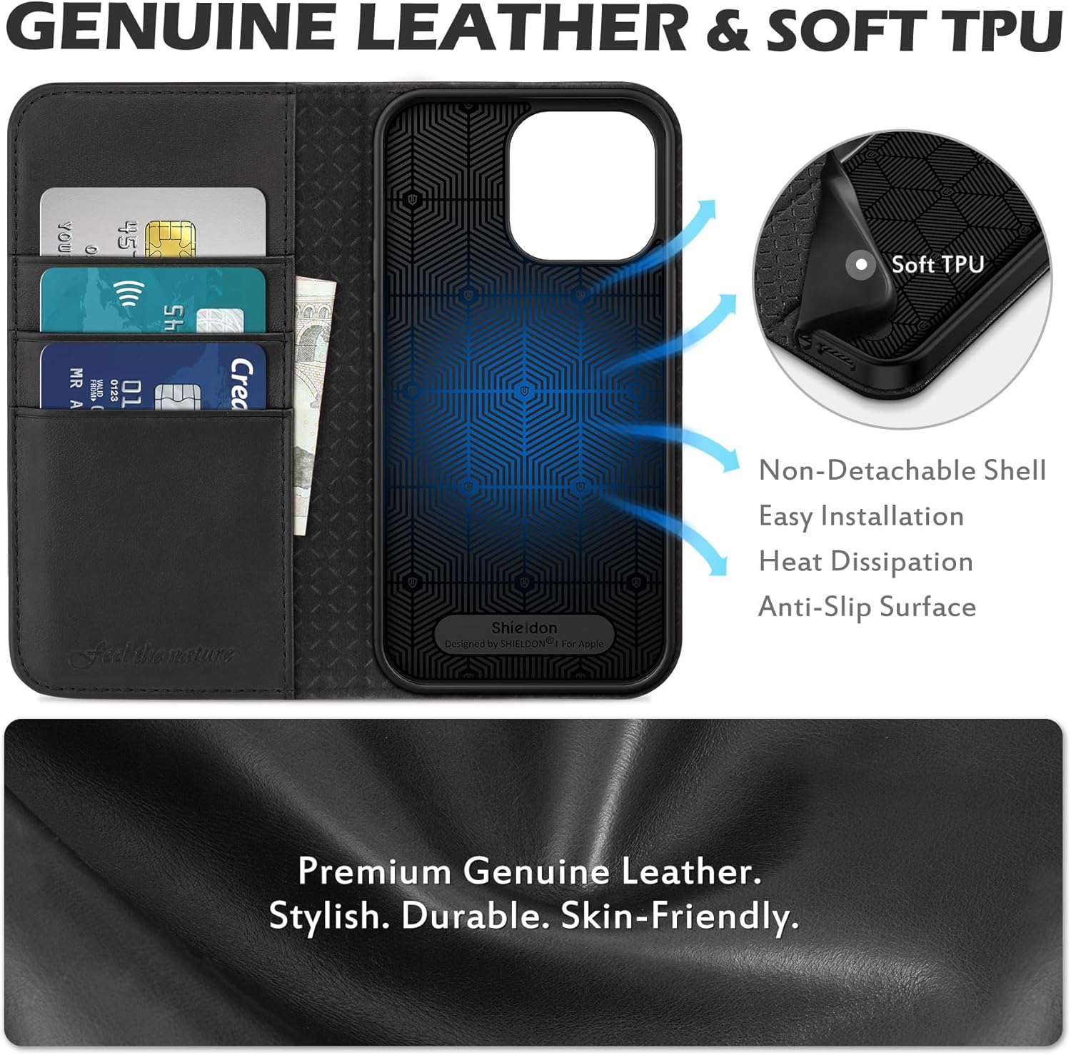 SHIELDON Case for iPhone 14 Pro Max 5G 6.7", Genuine Leather Wallet Case Flip Cover RFID Blocking Card Slots Magnetic Closure Case Compatible with iPhone 14 Pro Max 2022 - Black - Image 8