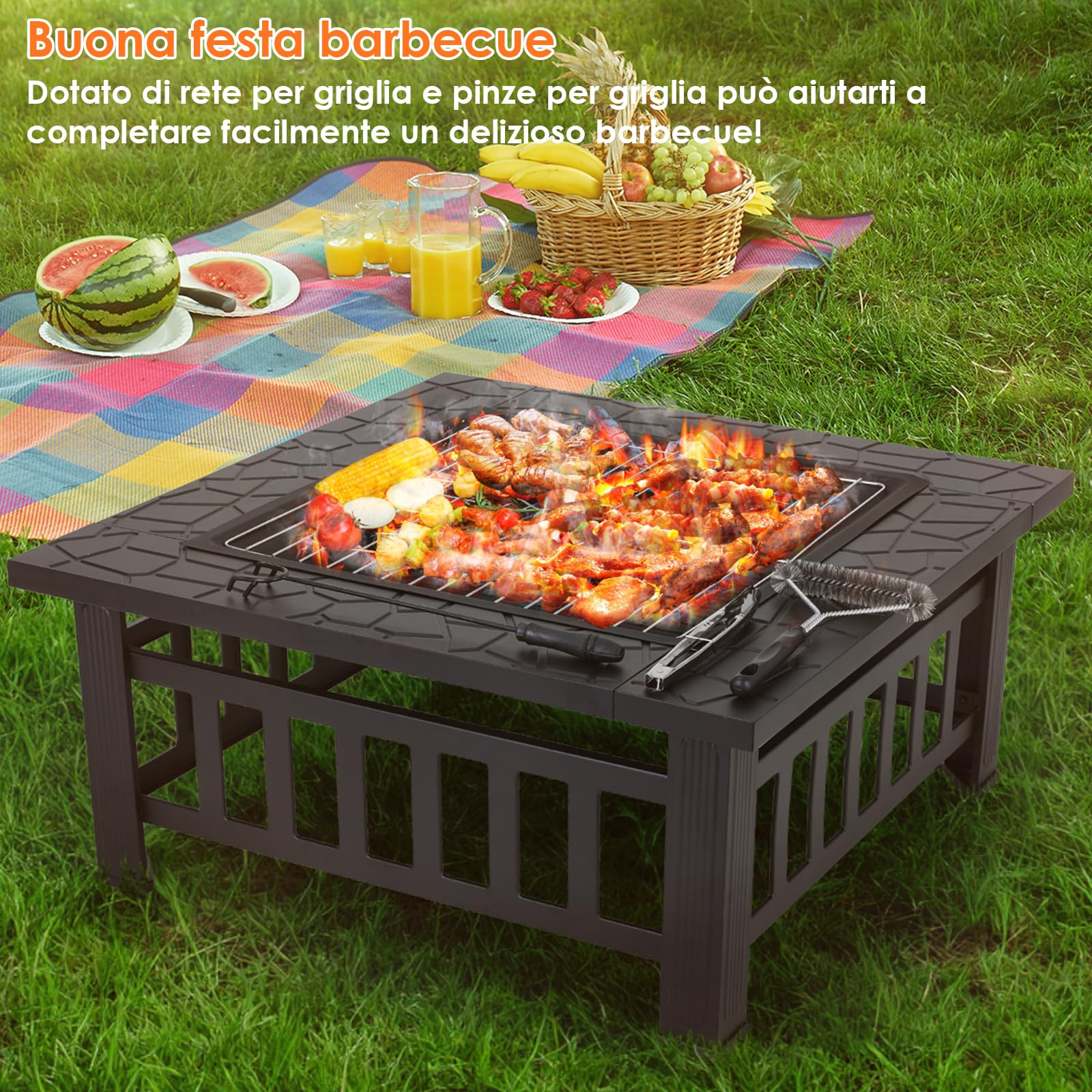 LIFERUN Braciere Barbecue con Griglia Esterno, 81cm Braciere da Giardino | Braciere da Esterno in Ferro,con Griglia, Attizzatoio,Parascintille, Copertura Impermeabile,Pinze per Grill,Spazzola,4 Gamba