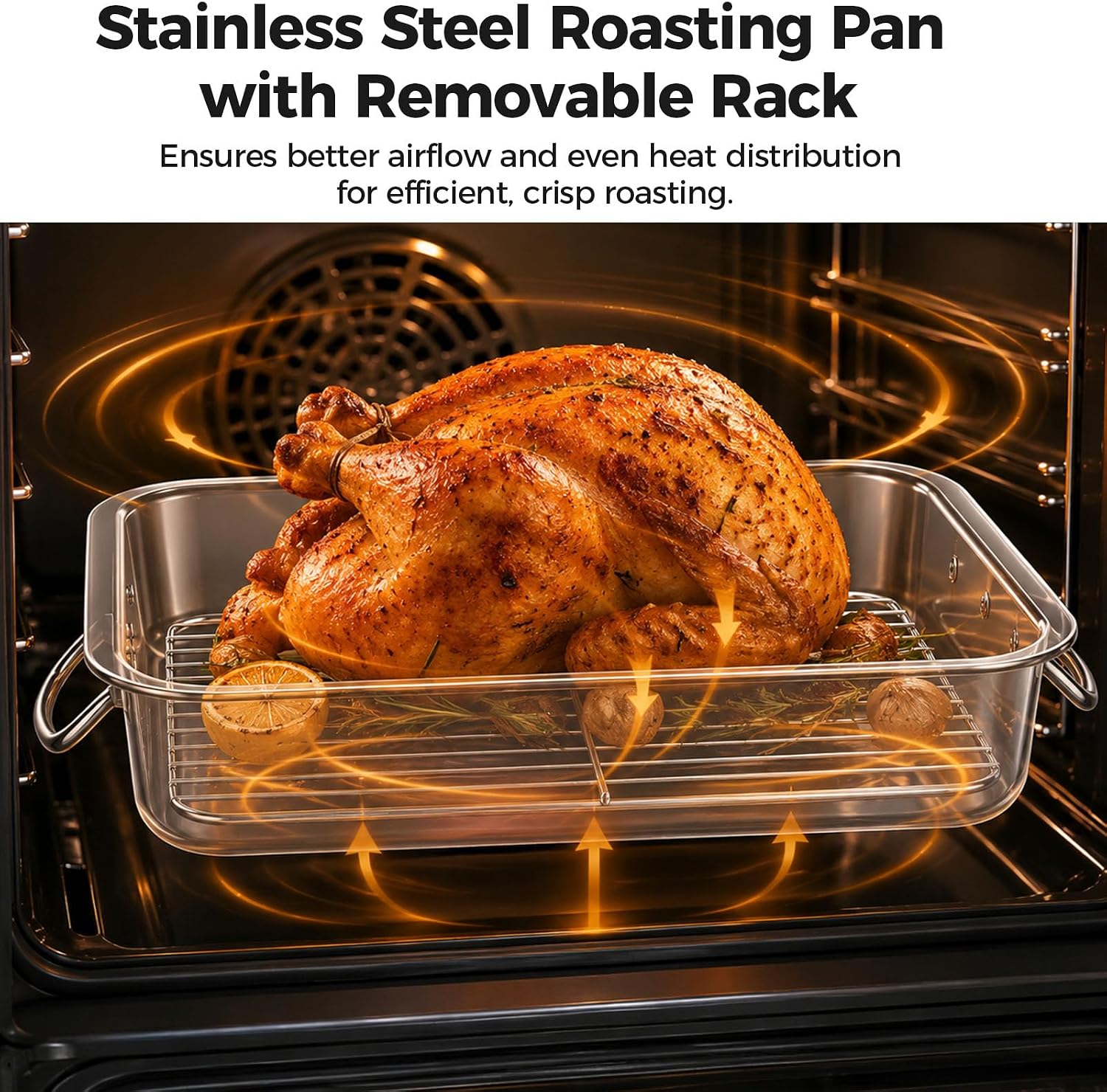 Stainless Steel Roasting Pan w/Rack & Handles, 15.7x11.8x2.8 in for Turkey