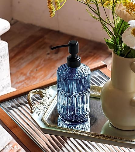 Vista 3 de JASAI Dispensador de jabón azul de 18 onzas con bomba negra a prueba de óxido, dispensador de jabón de baño recargable con vidrio grueso, Bomba