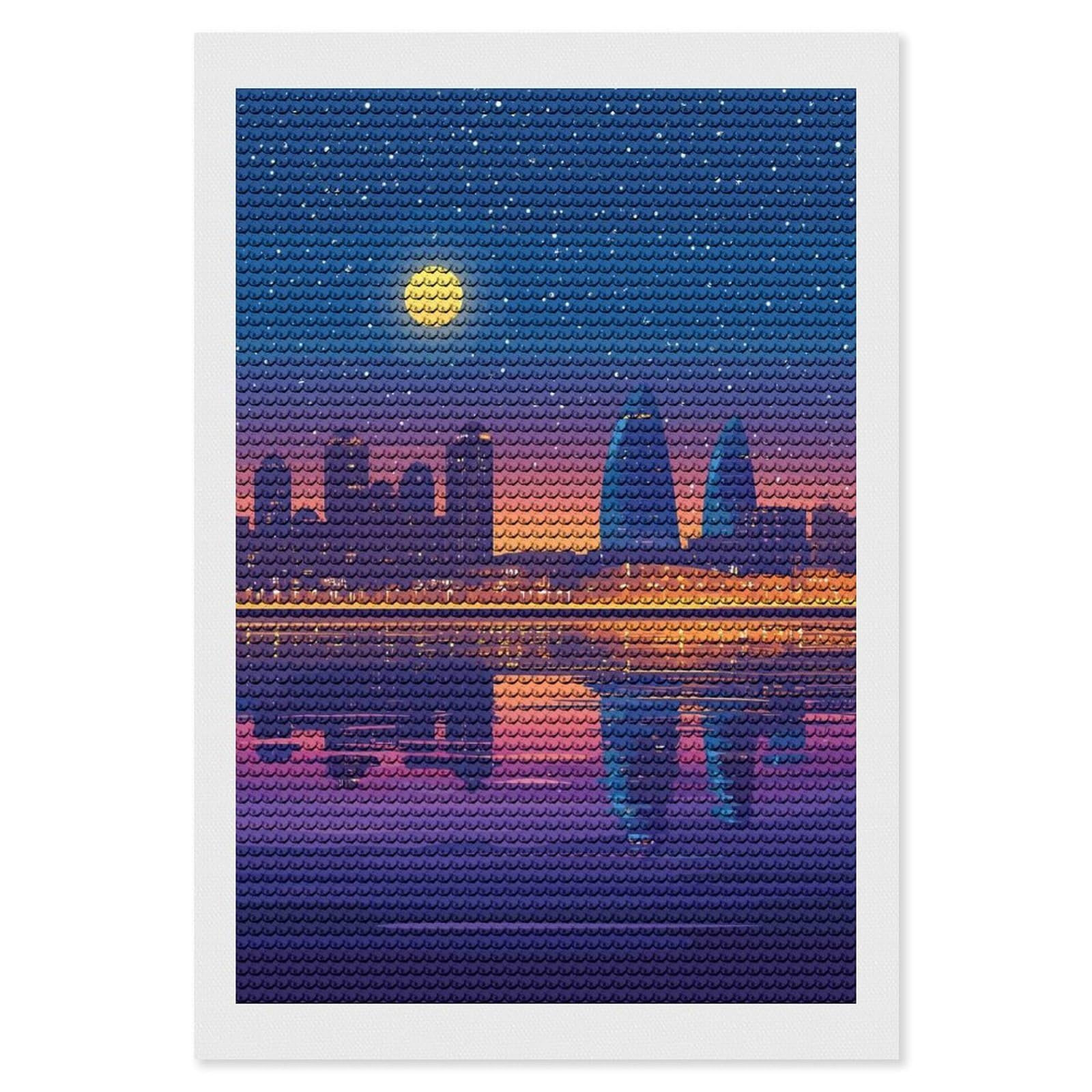 Junmoney Night Cityscape Reflection Diamond Art Canvas 8"x12", for Creative Relaxation, Simple to Start, Aesthetic Room Decor, Holiday Gift Idea