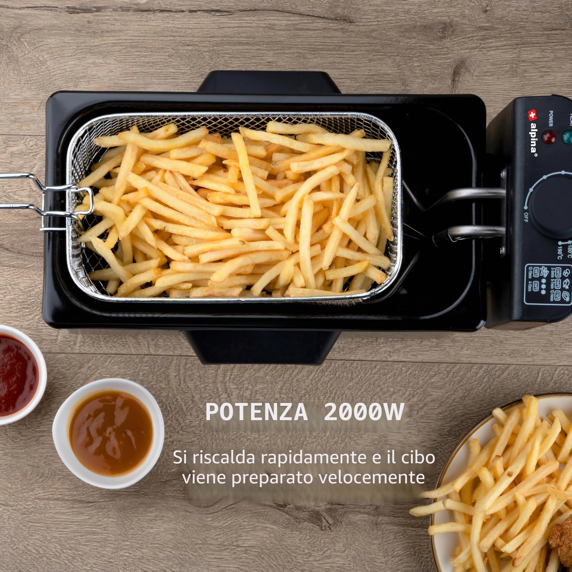 alpina Friggitrice - Friggitrice - 3 Litri - 2000 Watt - Acciaio inossidabile - Con Pulsante Termostato