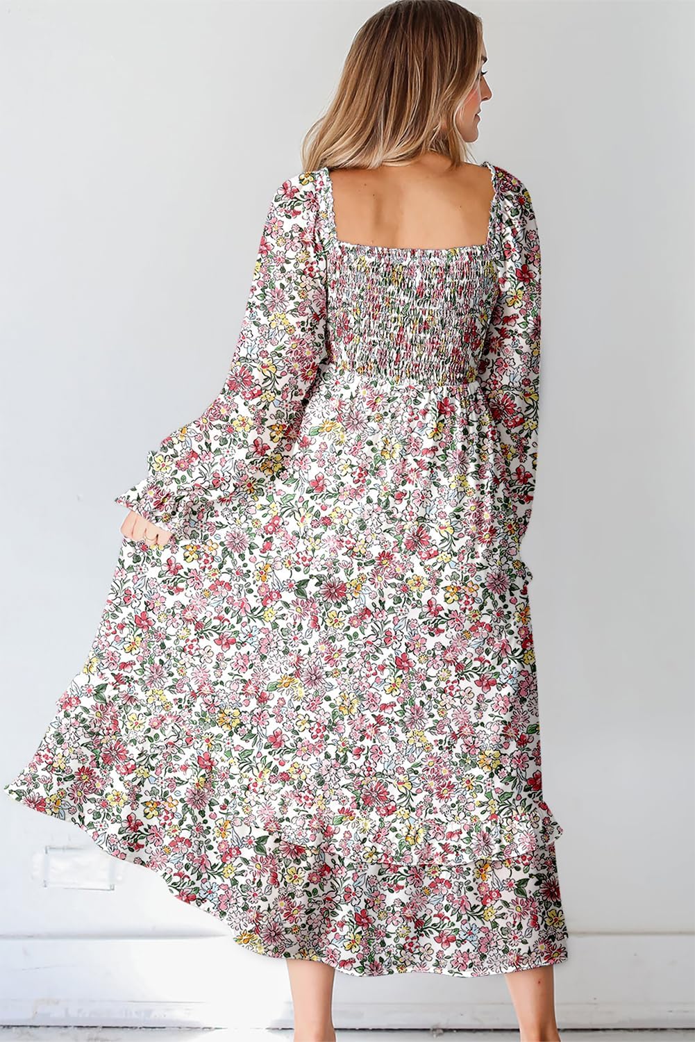 Dokotoo Boho Dresses for Women 2025 Casual Floral Square Neck Long Sleeve Smocked Elastic Waist Tiered Ruffle Hem Maxi Dress - Image 2