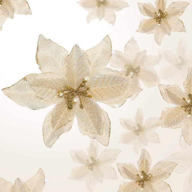 36 Pieces 3 Size Christmas Poinsettia Christmas Tree Flowers Glitter Faux Flowers Decoration Artificial Poinsettia Ornaments For Christmas New Year Home Outdoor Decoration (Gold, 3/ 4/ 6 inch)