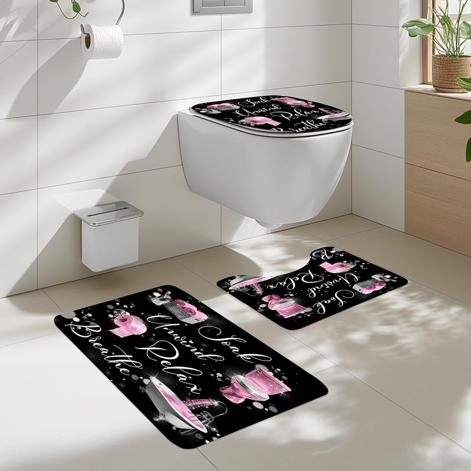 Cinbloo 4Pcs Black Pink Shower Curtain Set, Fashion Funny Quotes Positive Inspirational Words Modern Bathroom Curtain with Rug, Toilet Lid Cover, Bath Mat, Women Girls Shower Curtain with 12 Hooks