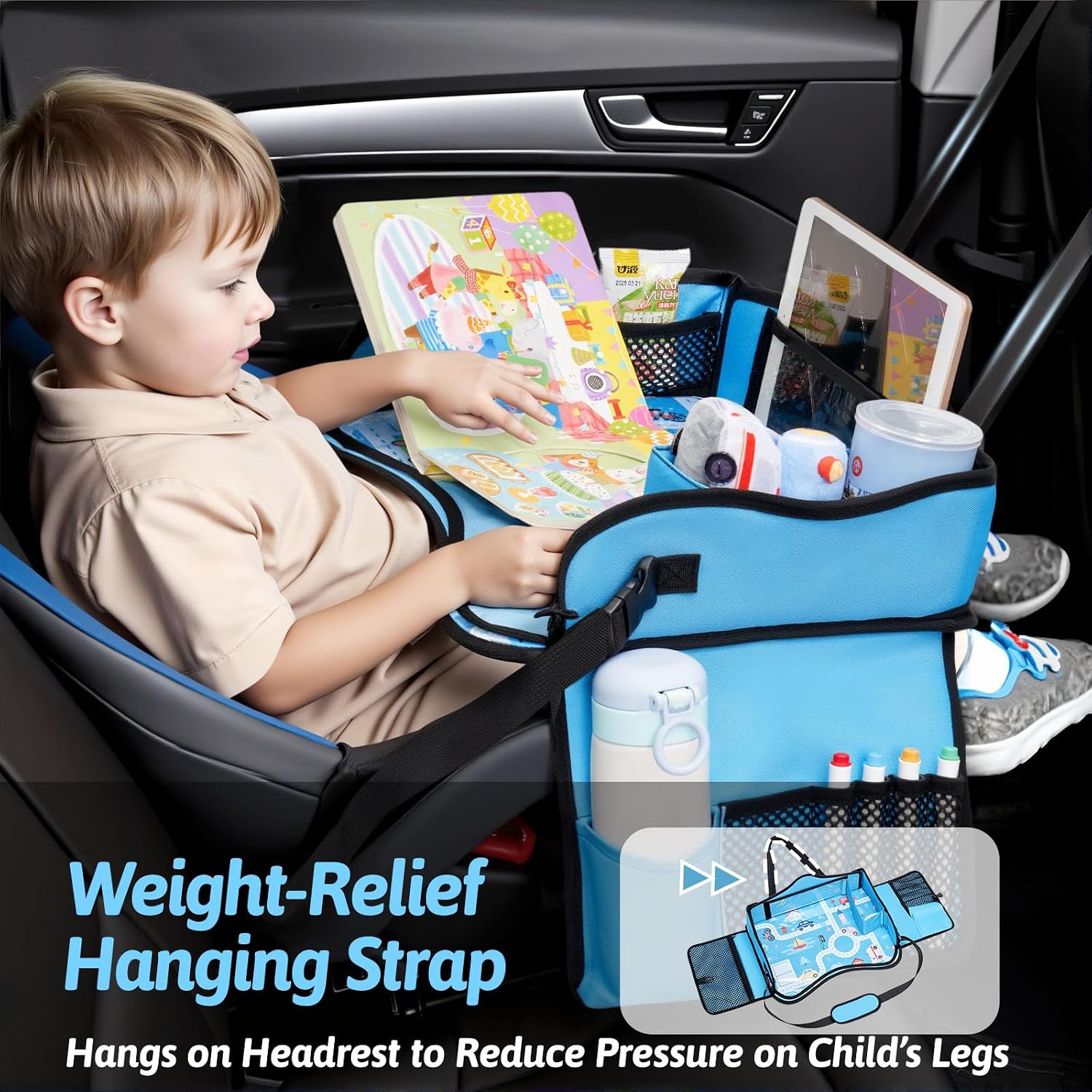 Kids Travel Tray for Car, Boy's Safety Seat Table, Carseat Lap Desk | Weight-Relief Strap, Non-Skid Silicone Base, Waterproof Dining/Craft Mat