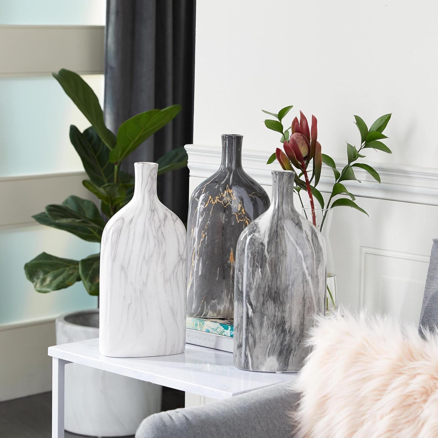 Deco 79 Ceramic Decorative Vase Faux Marble Centerpiece Vases, set of 3 Flower Vases for Home Decoration 6" x 3" x 13", Gray