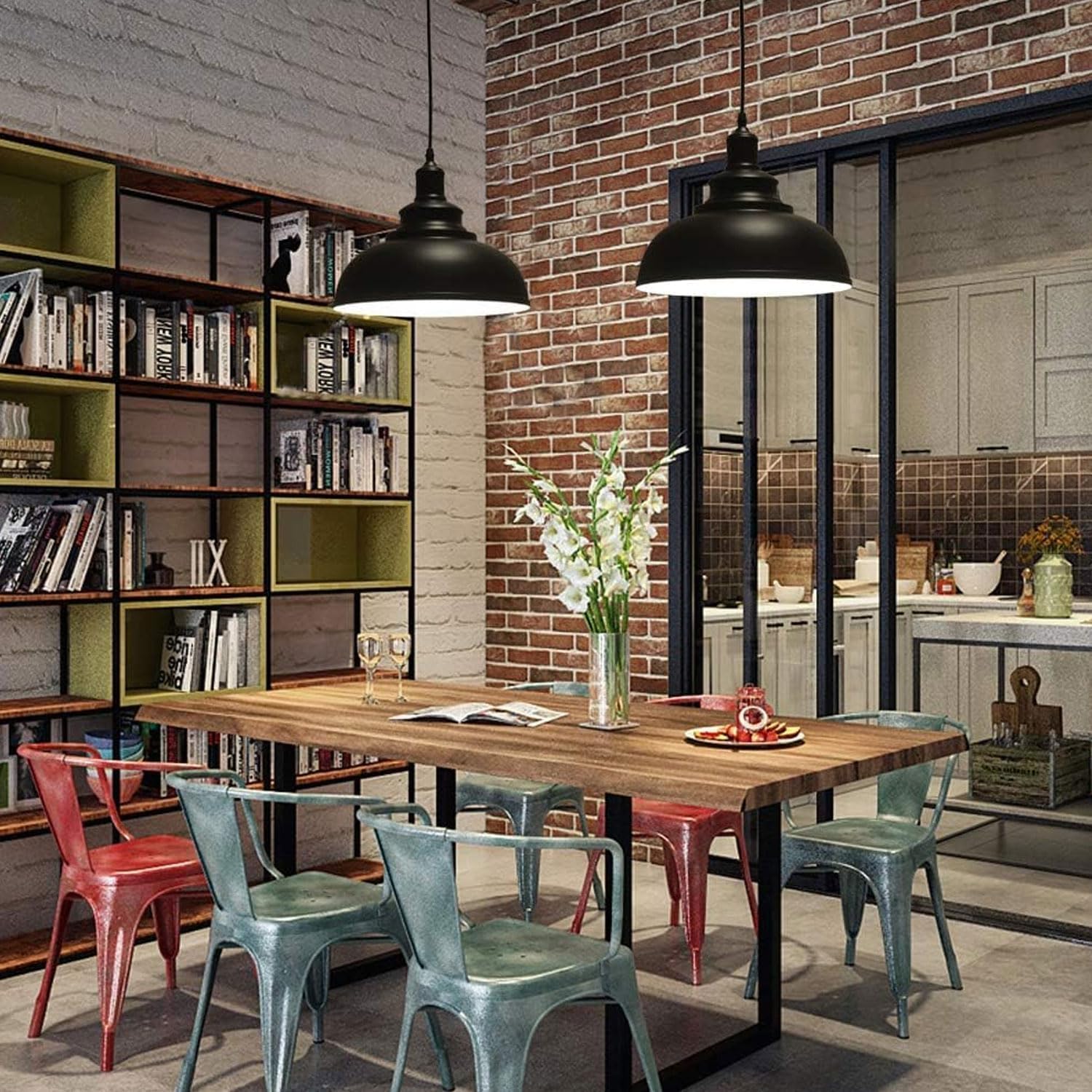 LEDSone Modern Vintage Pendant Light Industriale Plafoniera Ideale per Sale da Pranzo, Bar, Club e Ristoranti Base E27 (Curvy - Nero, interno Bianco (senza lampadina))