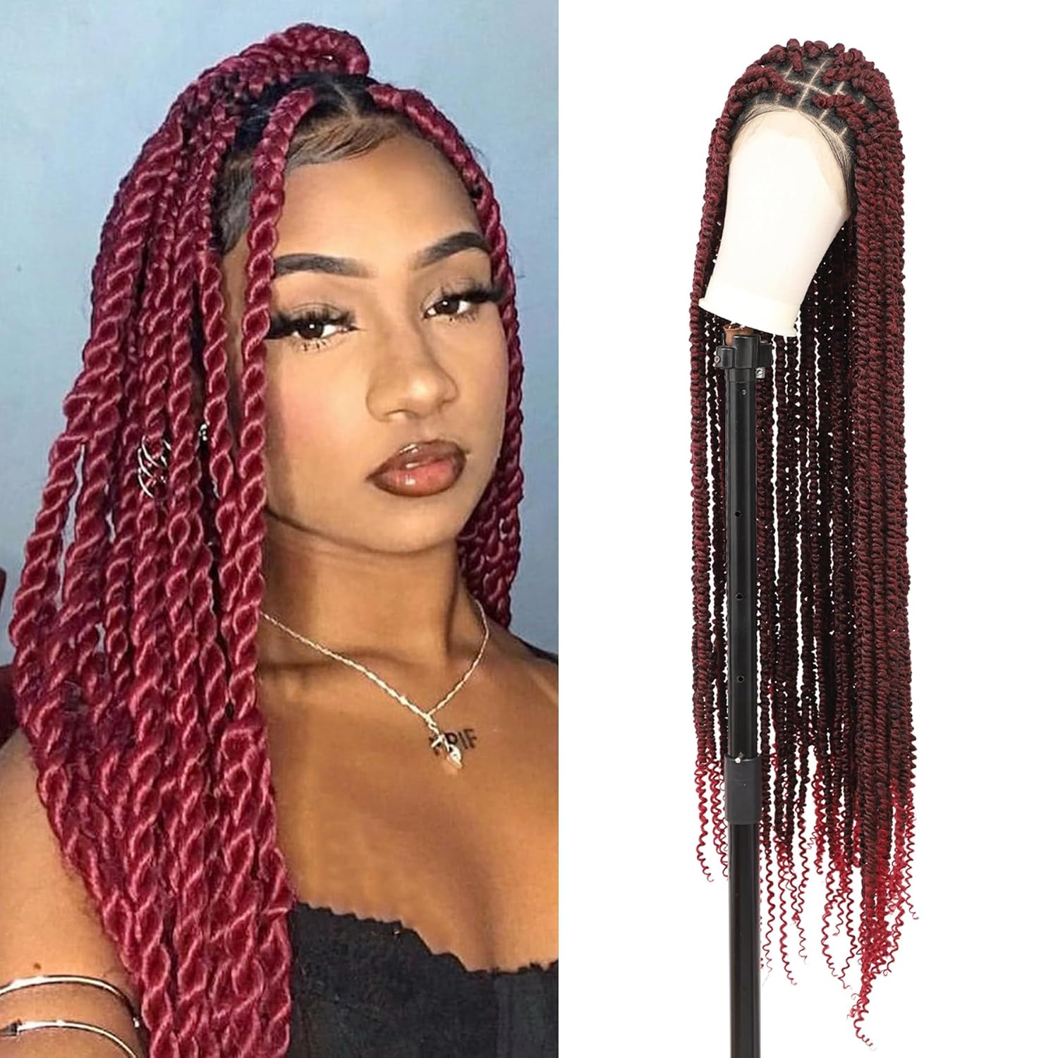 360° HD Full Lace Knotless Braided Wigs for Women Box Braid Wig with Boho Curly End Triangle Knotless Braided Wigs with Baby Hair Premium Synthetic Braided Lace Front Wig 36" Burgundy