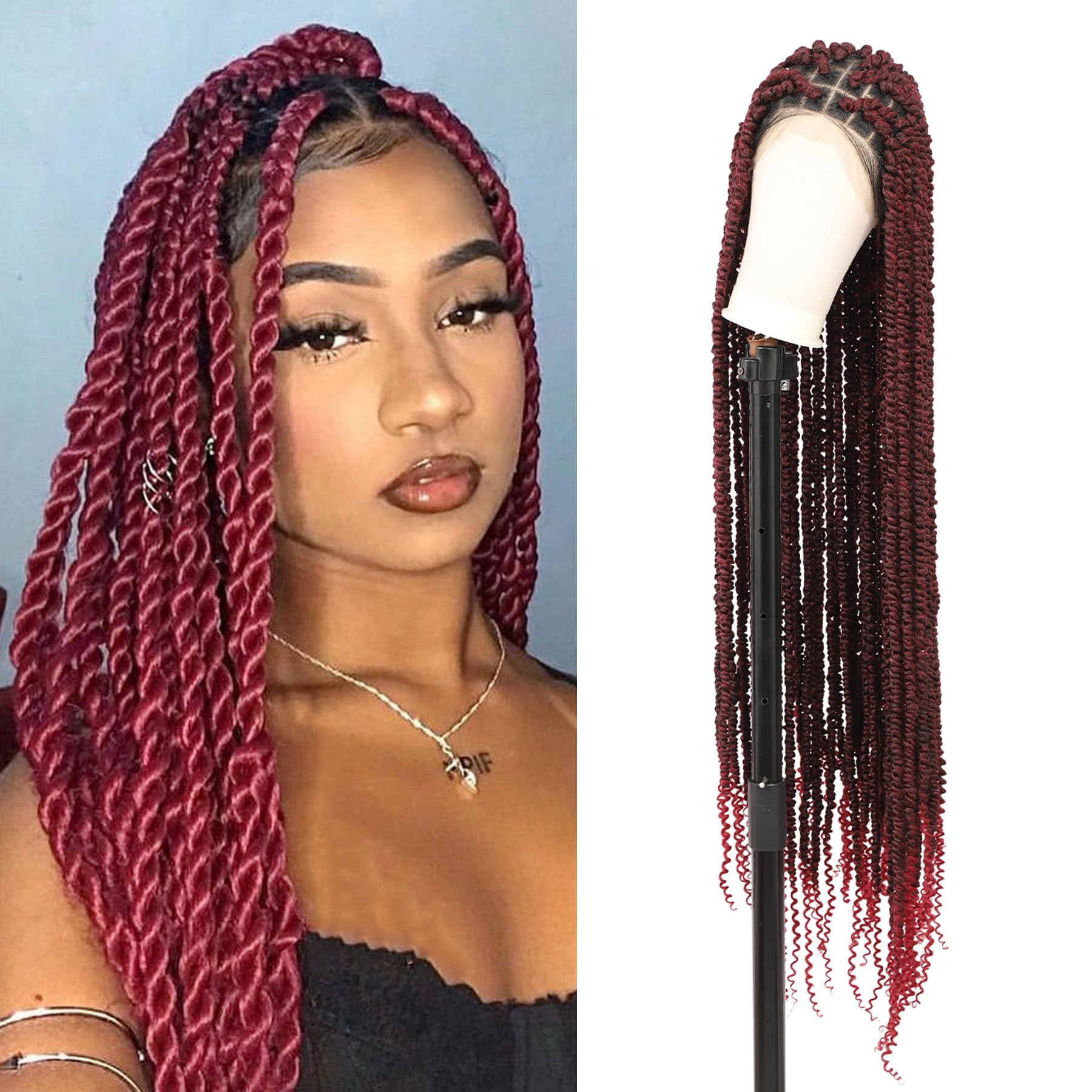 Demi Closure braided wig-burgundy Headband Wigs Box Braided Wigs with Free Tress #99j Burgundy  main image 2