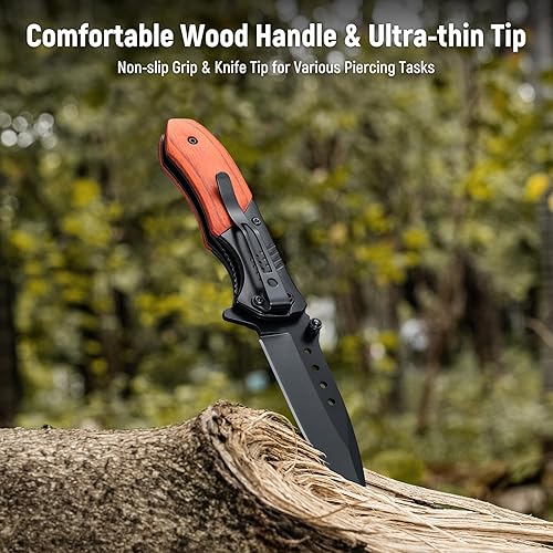 Vista 34 de Navaja de bolsillo para hombre – Cuchillos de bolsillo plegables con mango de madera con clip, rompedor de vidrio, cuchillo EDC de hoja afilada