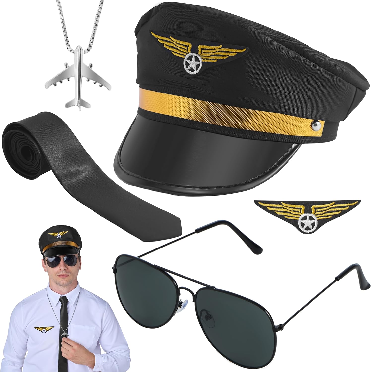 Spooktacular Creations Airline Pilot Captain Costume Kit, 5 PCS Pilot Dress up Accessory Set with Sunglasses, Tie, Piot Hat, Wings Patch and Necklace for Halloween Themed Dress Up Party