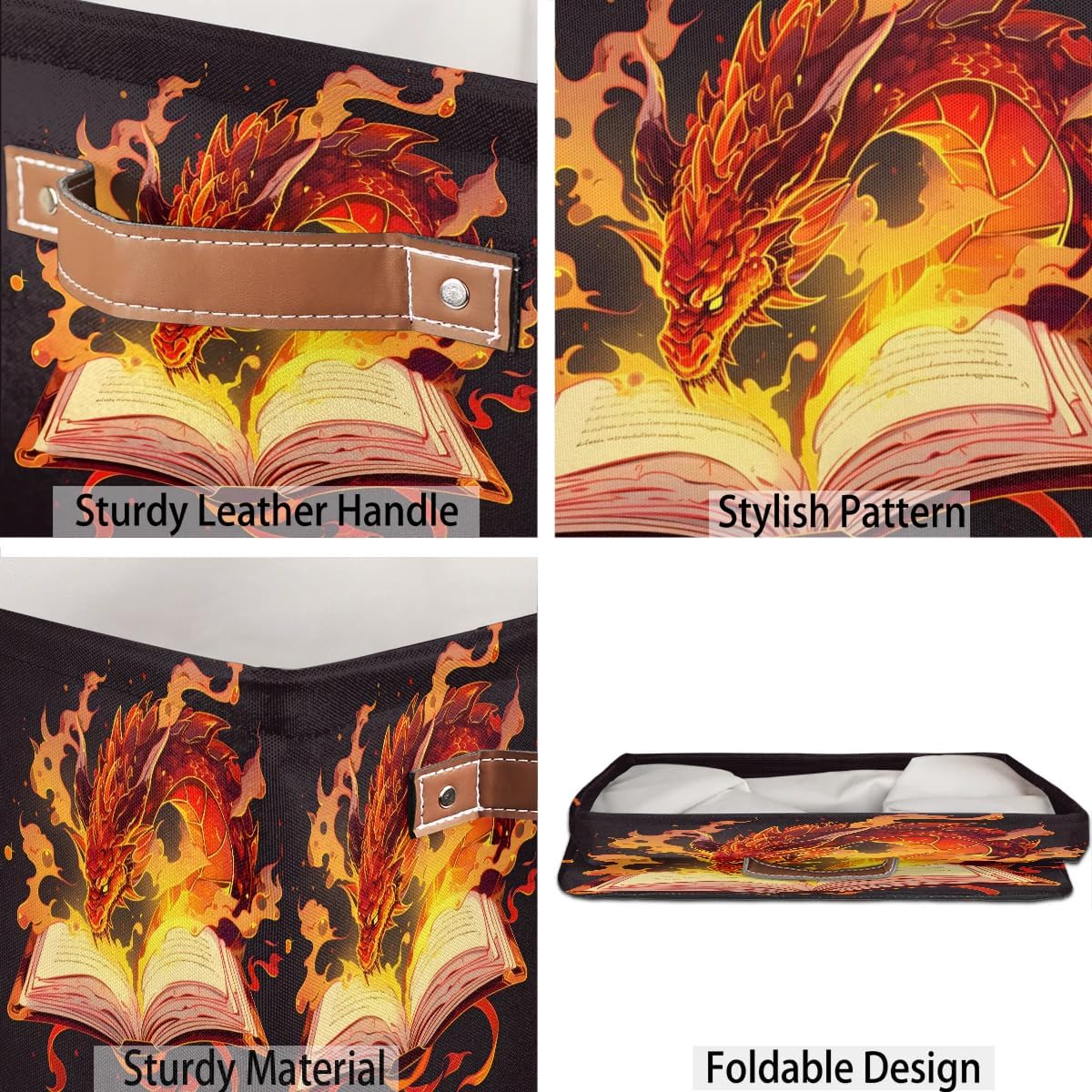 13 Inch Fabric Storage Cube with Handles, Magic Dragon Print Collapsible Square Storage Basket, Fiery Magic Book Storage Bin Canvas Closet Organizer for Toys Books Clothes