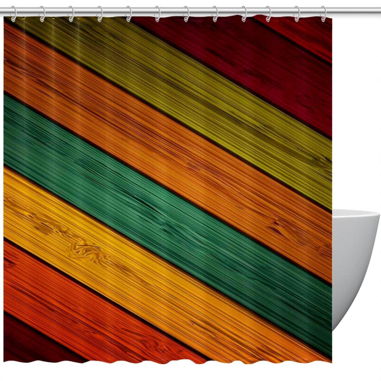 Rideau de douche en bois coloré effet aquarelle pour ambiance spa nature