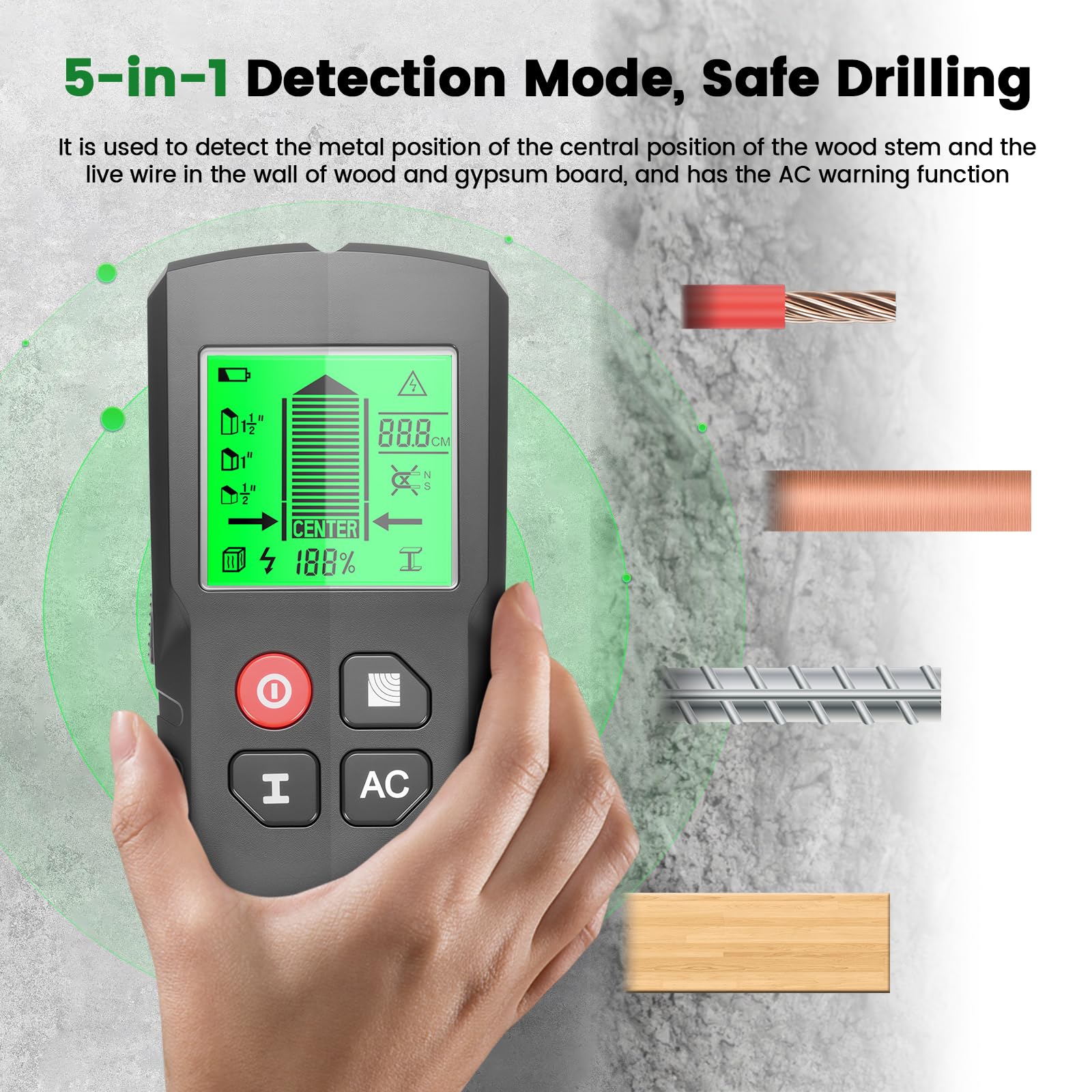 Leitungssucher Ortungsgerät, 5 in 1 Multifunktions Wand Scanner Detektor Stud Finder, Leitungssuchgerät mit HD-LCD-Display & Audio-Alarm für Metall, Rohre, Holz, Stromleitung, Bolzen & Balken