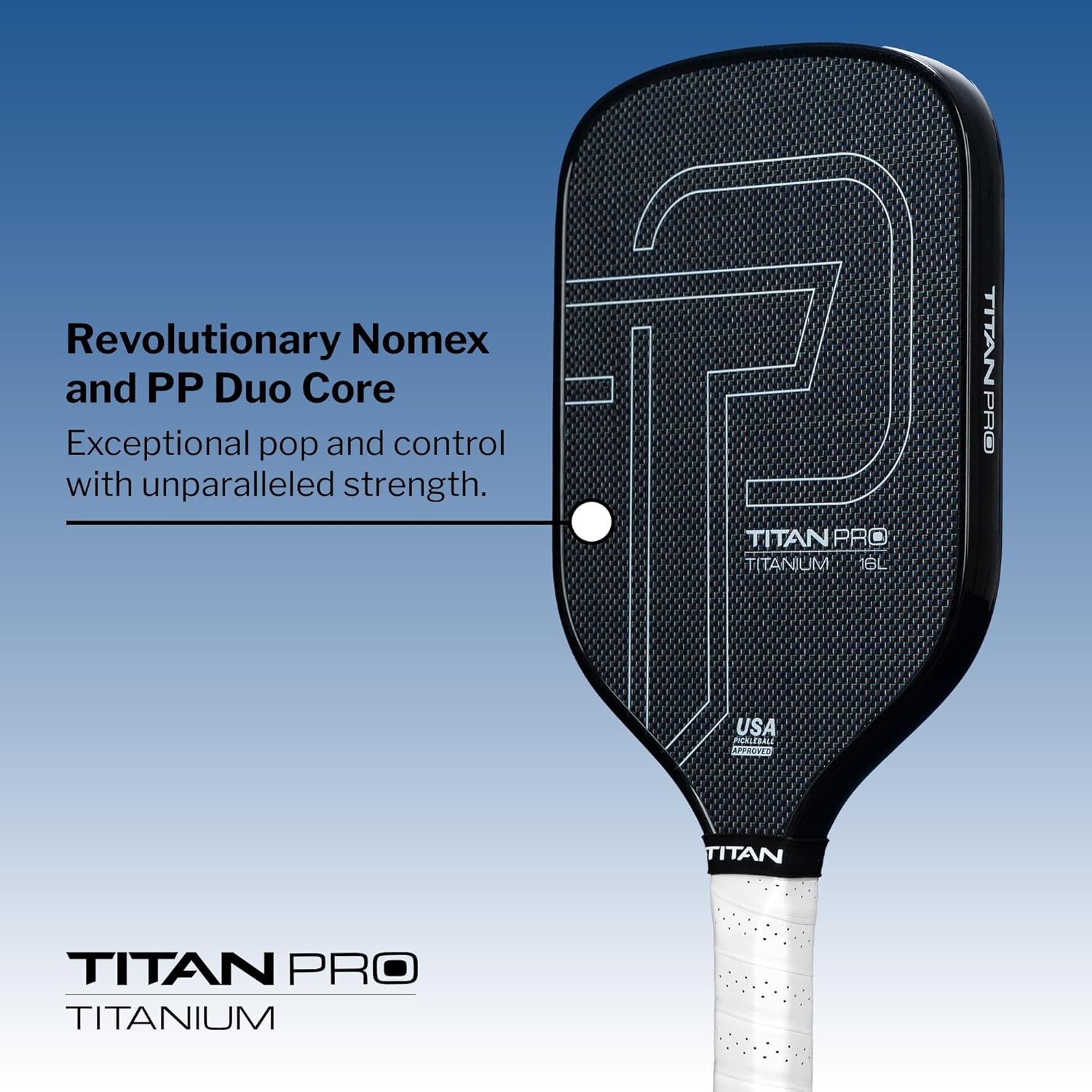 Titan Pro Titanium Pickleball Paddle – Electroplated Titanium + T700 Carbon Fiber Face, Nomex Duo Core, USA Pickleball Approved, 14mm & 16mm – Tournament Ready