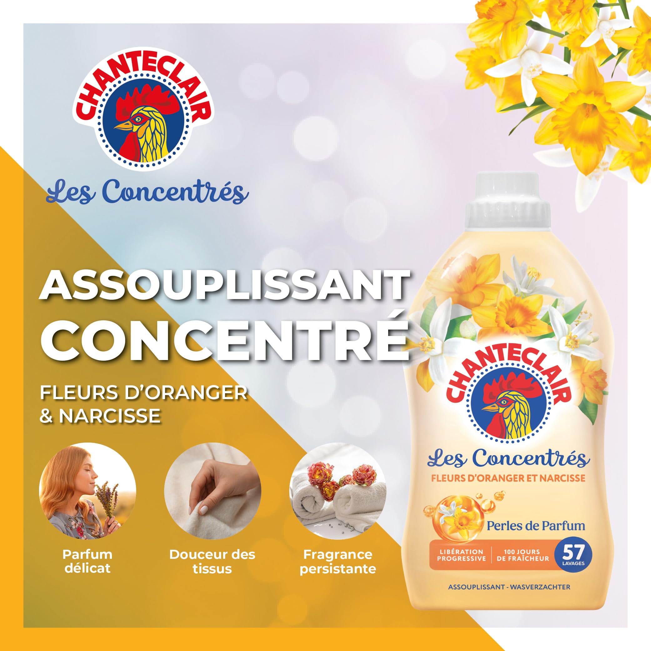 Chanteclair - Assouplissant Linge Concentré Perles de Parfume, Fleurs d'Oranger et Narcisse, Fraîcheur très Longue Durée, Libération Progressive Jusqu'à 100 Jours, 57 lavages - 1140 ml x 8