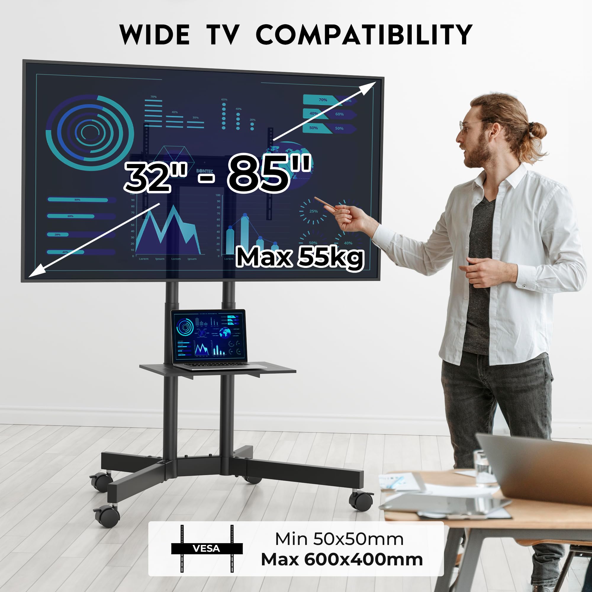 BONTEC Rollbarer TV Ständer mit feststellbaren Rollen, höhenverstellbarer TV Wagen für 32-85 Zoll, 55 kg, VESA 600x400, mit Ablage und Kabelmanagement